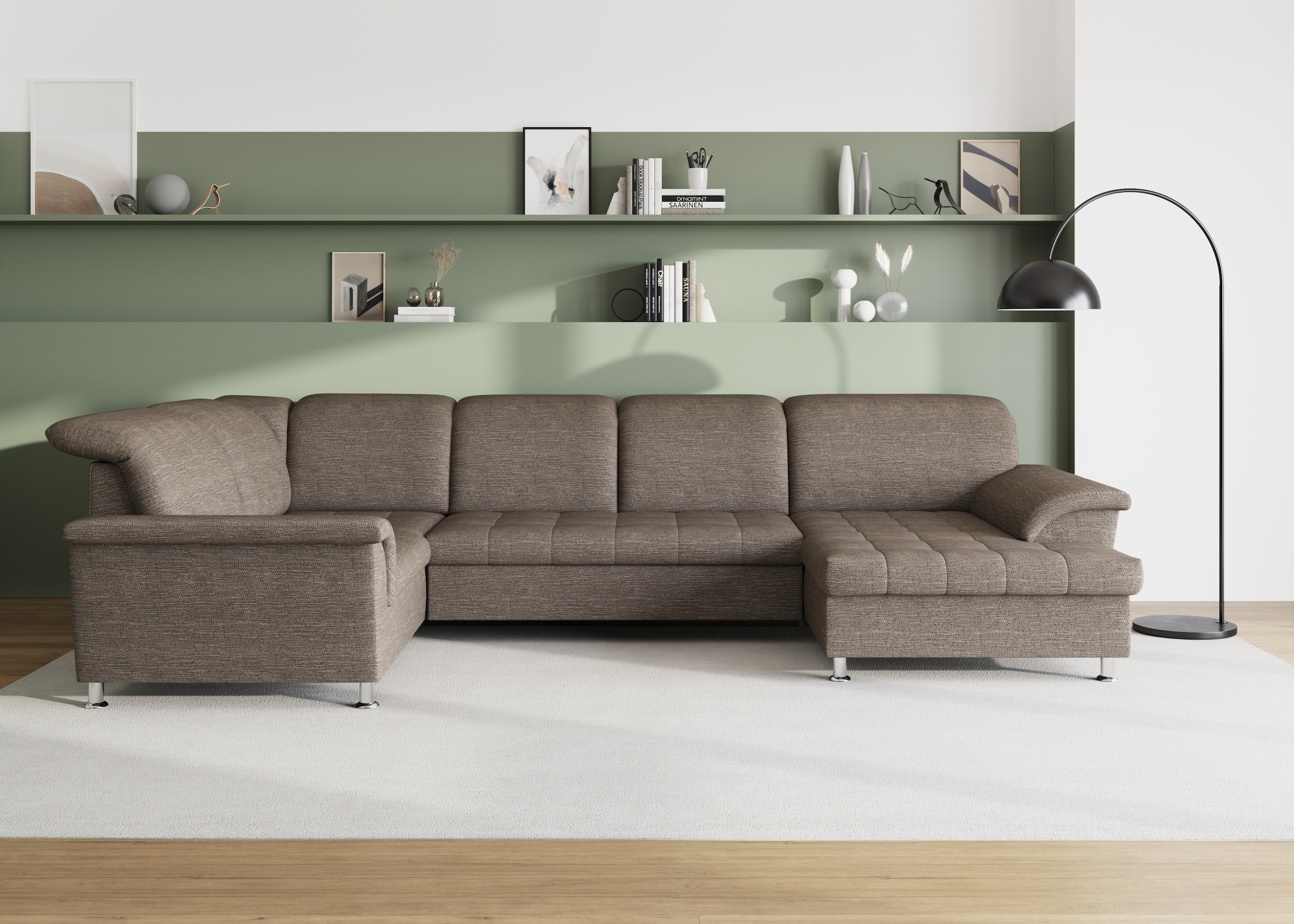 Image of DOMO collection Wohnlandschaft "FRANZI optional mit Bettfunktion, Bettkasten & Kopfteilverstellung" U-Form, Recamiere rechts, beige-braun, B/T: 352/214 cm