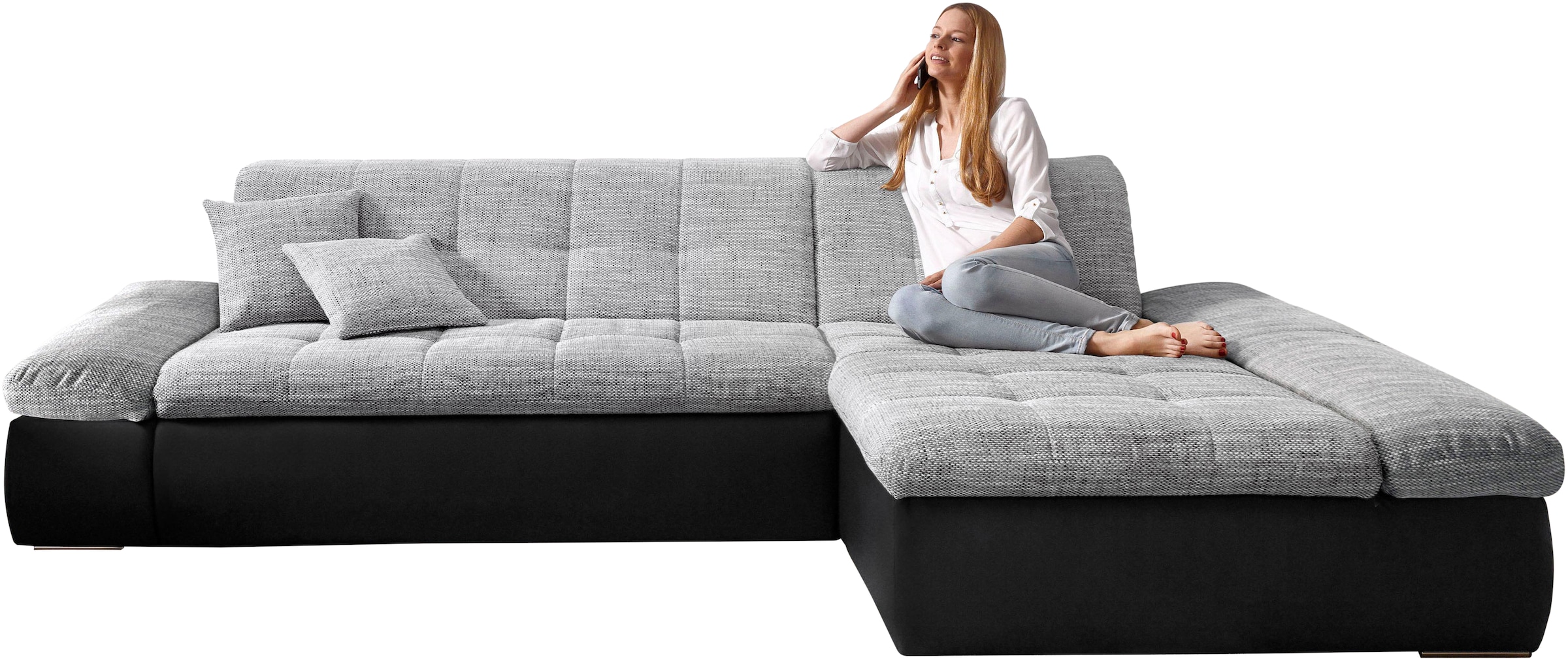 DOMO collection Ecksofa »Moric, L-Form, XXL-Sofa - Breite 300cm, viel Platz, auch in Cord« wahlweise mit Bettfunktion und Armteilverstellung, schwarz-silber