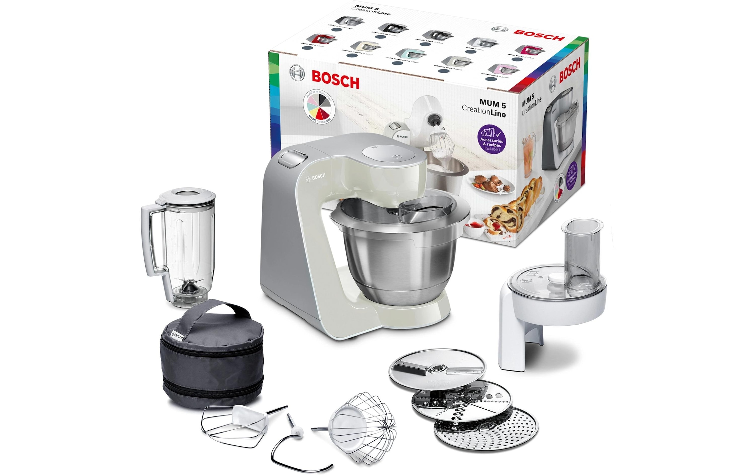 BOSCH Küchenmaschine »Serie 4 MUM58L20, Durchlaufschnitzler, Mixer, grau« 3 Scheiben, Schüssel, Knethaken/Rühr-/Silikonbesen, spülmaschinenfest