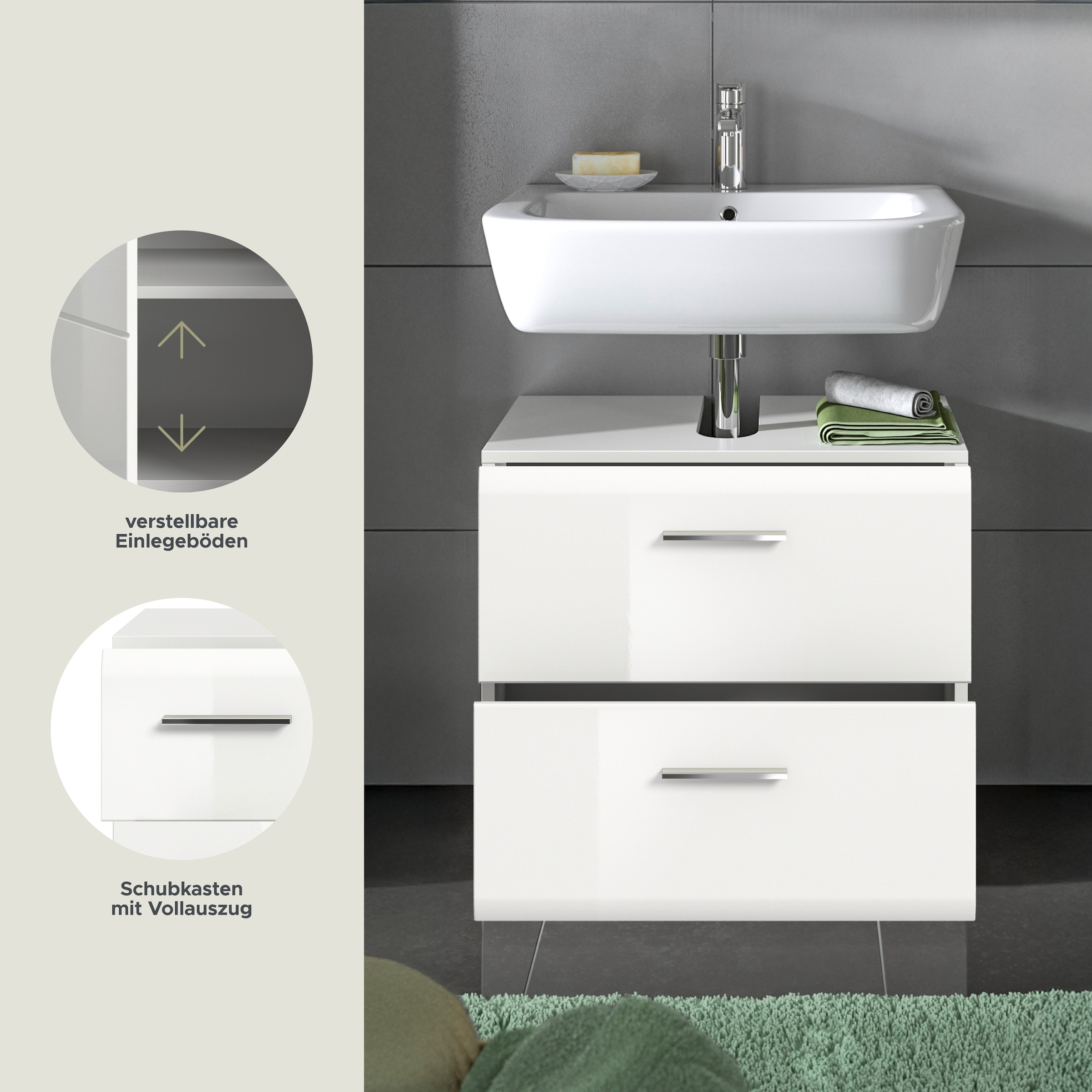 INOSIGN Waschbeckenunterschrank »FLORENZ, TOPSELLER!, Breite 60 cm, 2 Schubkästen,ink. Siphonausschnitt«, hochwertige MDF Front, Griff chromglänzend, Badschrank, Bad