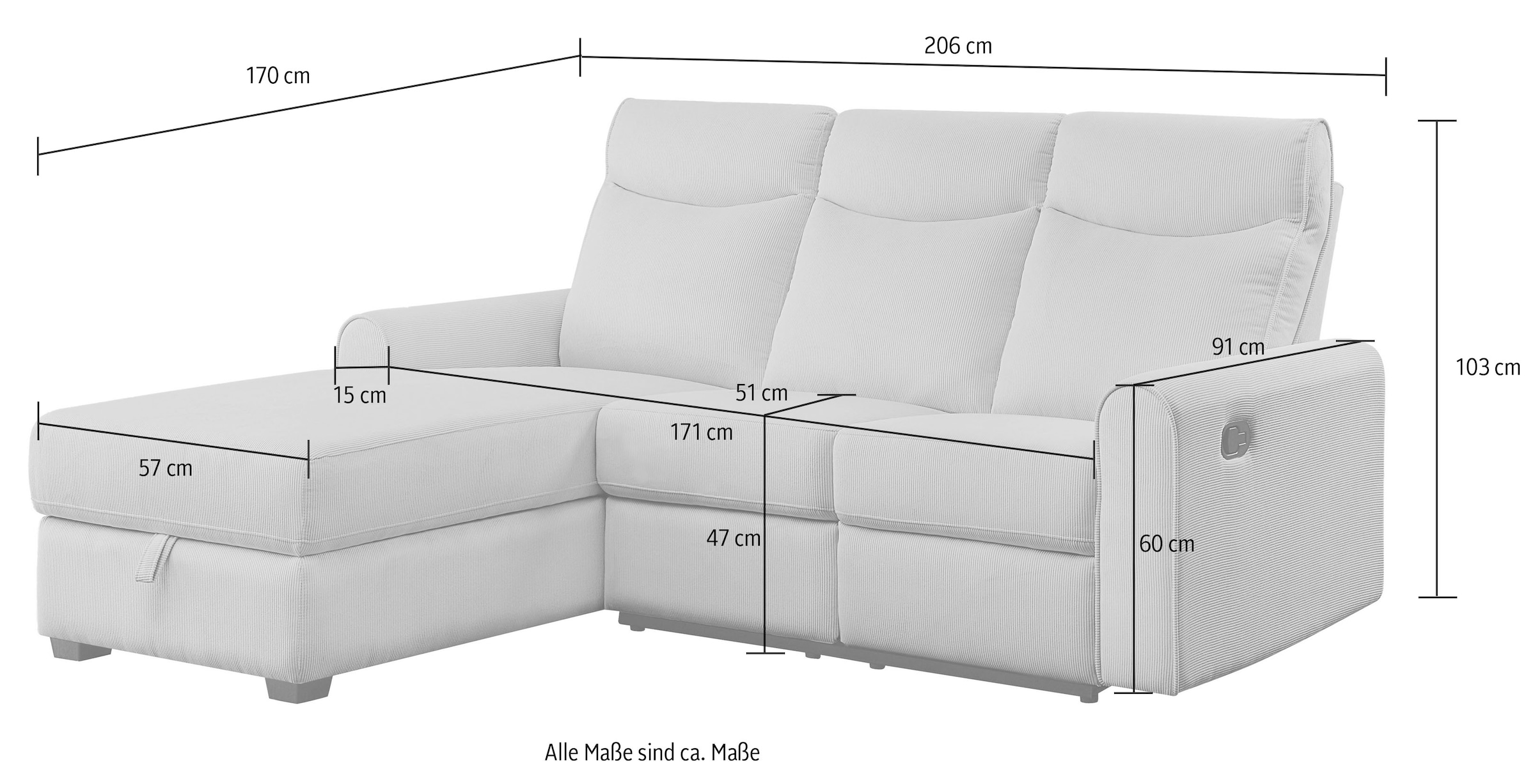ATLANTIC home collection Ecksofa »Gero L-Form«, mit Relaxfunktion und Stauraum, mit Cord-Bezug