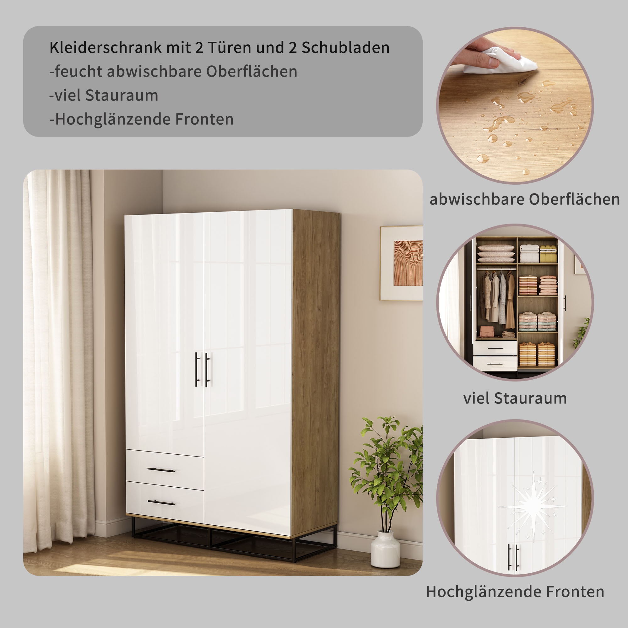 GOODproduct Kleiderschrank »Lucca Schlafzimmerschrank Garderobe Hochglanz Bestseller« Hochwertige schwarze Griffe und Kufengestell aus Metall, 