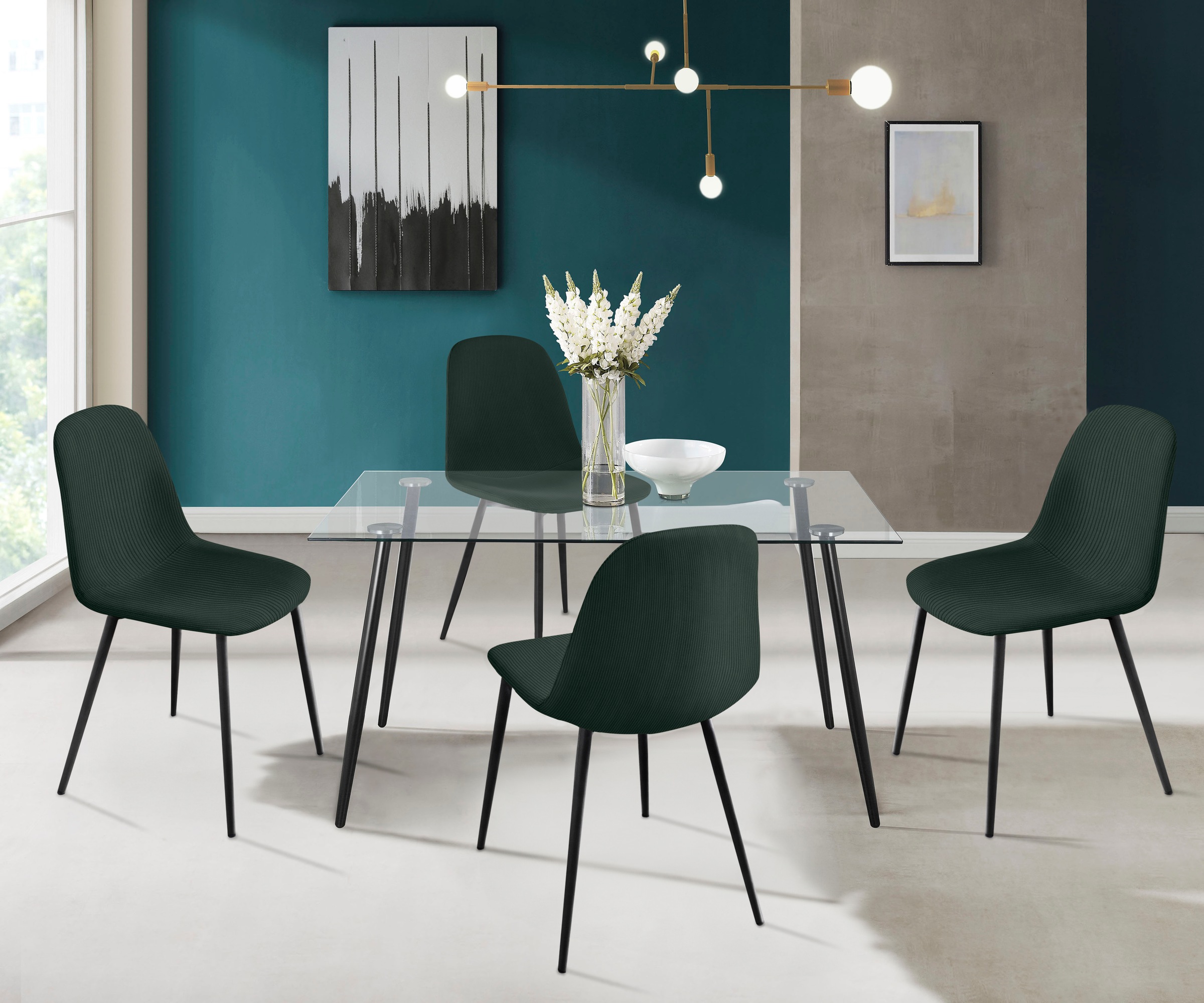 Image of GOODproduct Essgruppe "Danny-Miller" Set, Set 140 cm, 5 Stk. tlg. Glastisch 140x80 cm mit 4 Stühlen (Cord), Gestell aus Metall