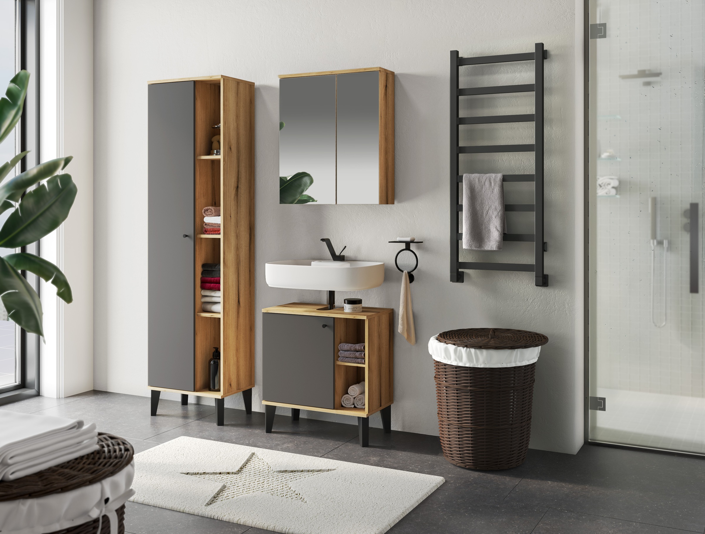 Home affaire Waschbeckenunterschrank »Oslo, Waschtisch mit Knopfgriff, Badschrank im skandinavischen Design« in der Türfarbe Weiss oder Grau verfügbar, ausreichend Stauraum