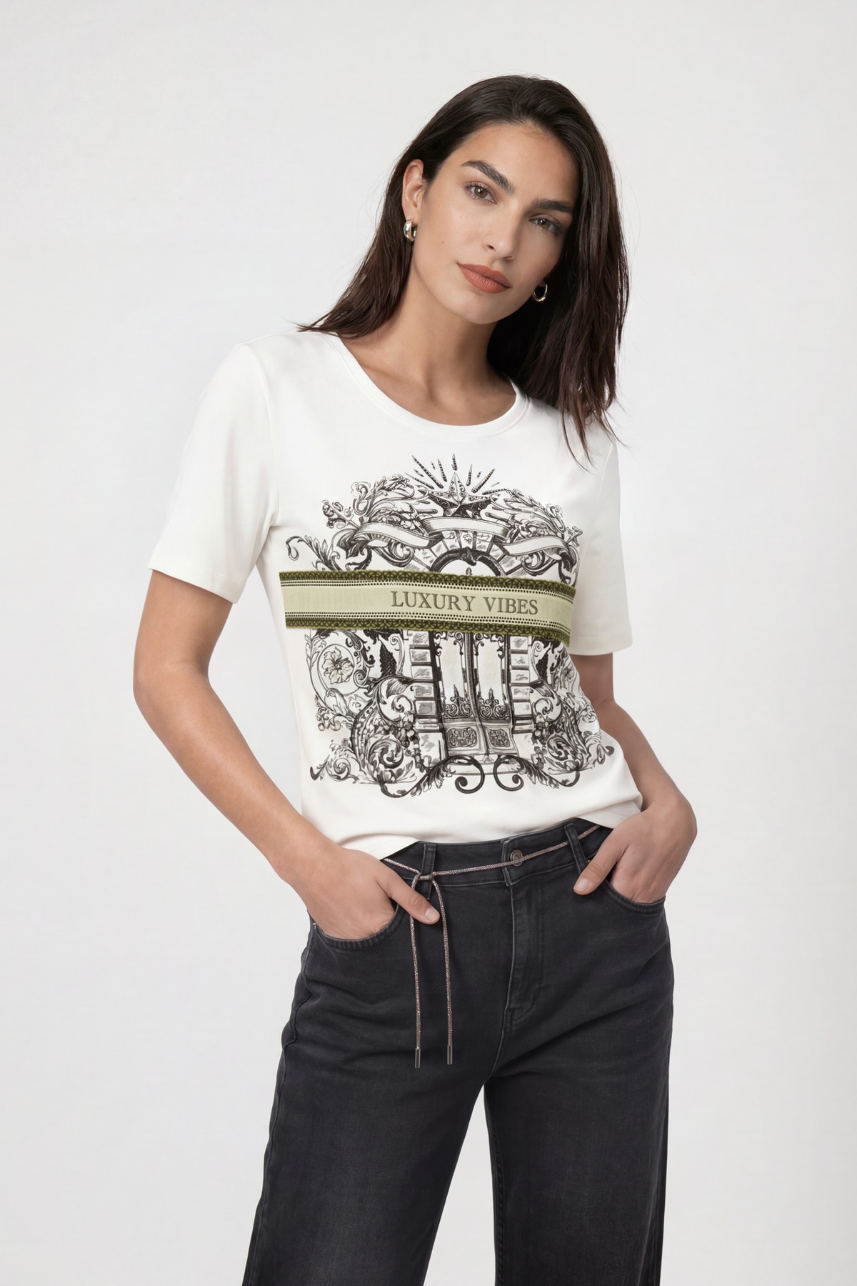 Image of Monari T-Shirt "Shirt Druck + Schmuck" Regular fit mit Strassdetails