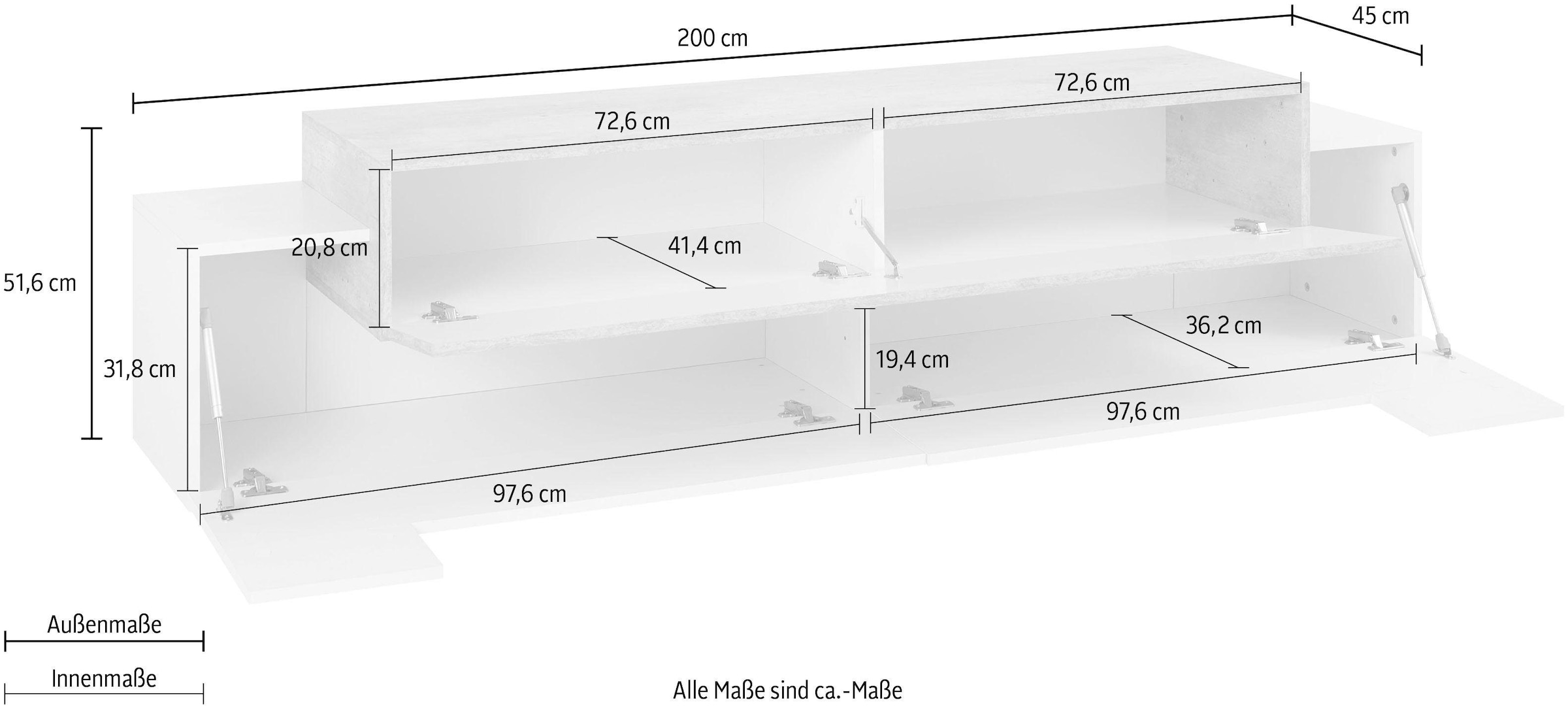 INOSIGN Lowboard »Coro,Lowboard,TV-Kommode,TV-Möbel,TV-Bank«, mit 3 Klappen davon 2 mit Push-to-Open Funktion Breite 200