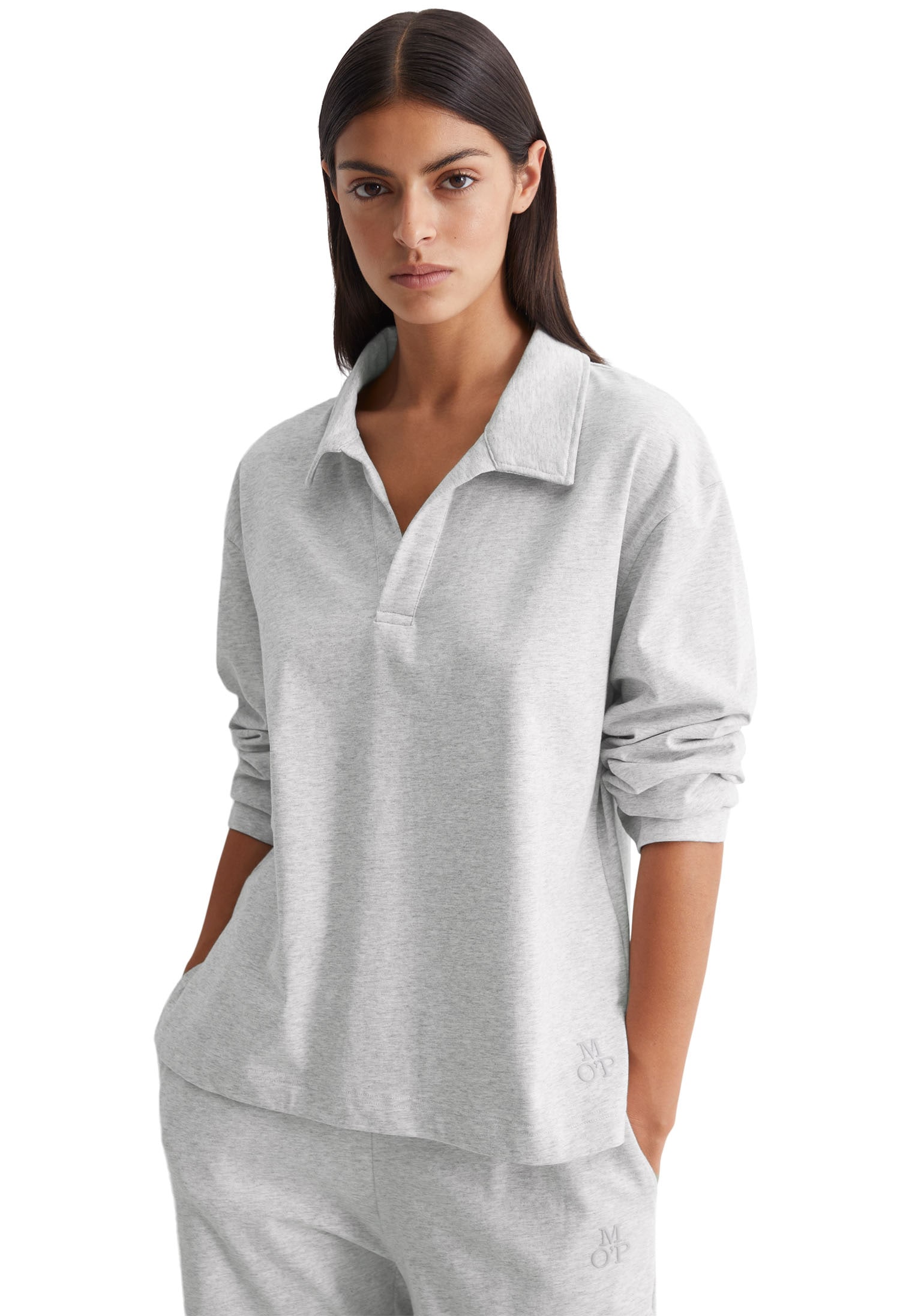 Image of Marc OPolo Langarm-Poloshirt "Heavy Jersey-Woven" V-Ausschnitt, Langarm