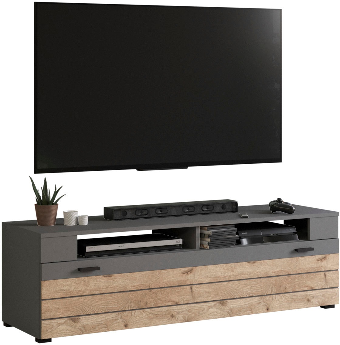 Image of Home affaire Lowboard "Aalborg, Breite 140 cm, 1 Klappe, 2 offene Fächer, Metallgriffe" TV-Möbel, TV-Schrank, TV-Lowboard, Mediaboard, Wohnmöbel