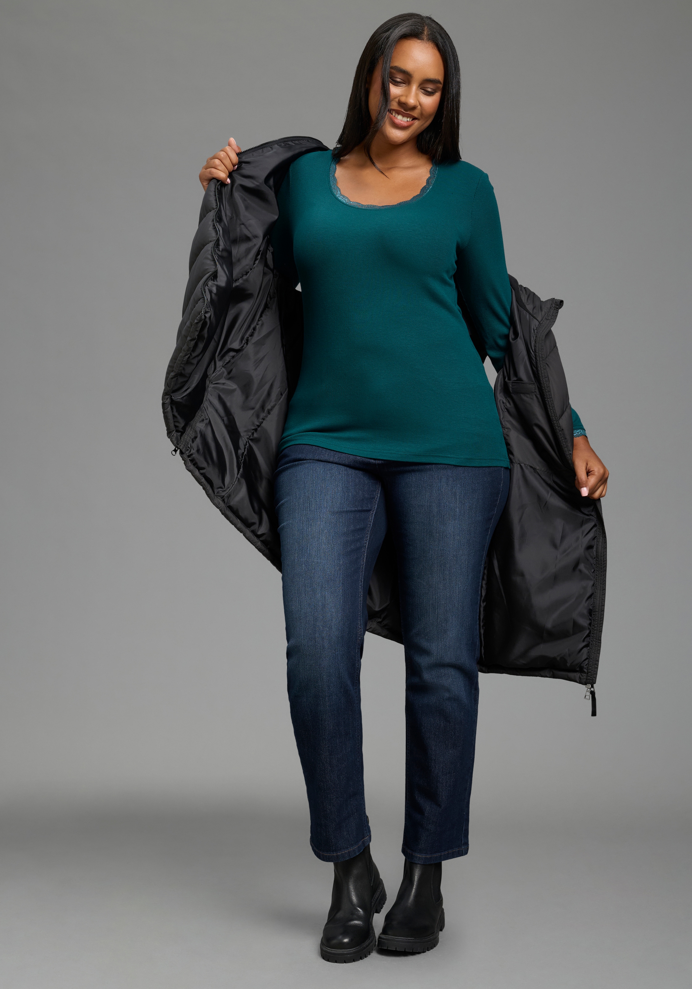 Laura Scott CURVE T-shirt à manches longues »Grosse Grössen« en maille côtelée élastique, coupe très ajustée