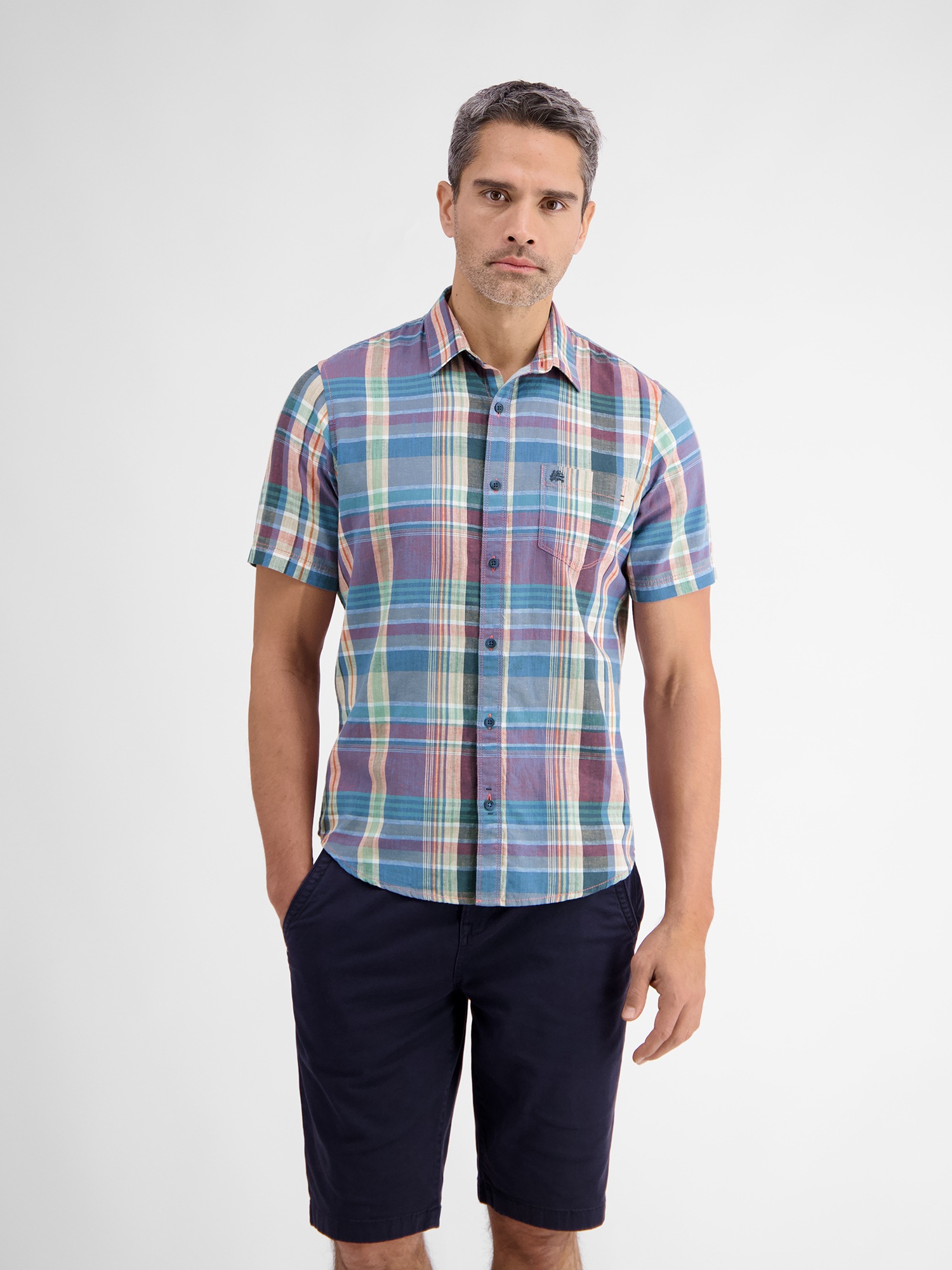 LERROS Kurzarmhemd »LERROS Karohemd für Herren in sommerlichem Baumwoll-Leinen-Mix«