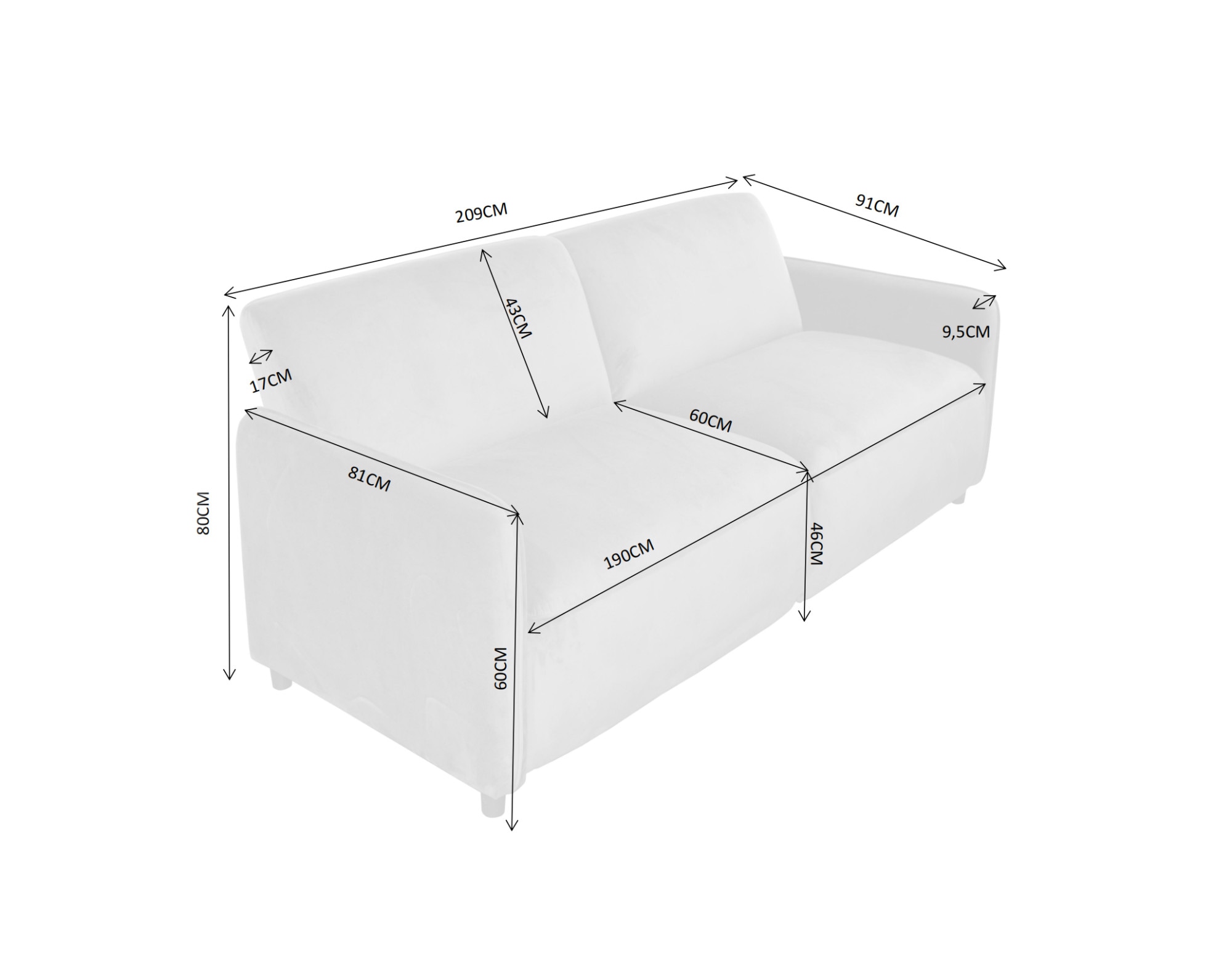 Dorel Home 3-Sitzer »Allie Curved Schlafsofa 209 cm«, Bettfunktion (110/190), verstellbare Rückenlehne, Cord u. Velours
