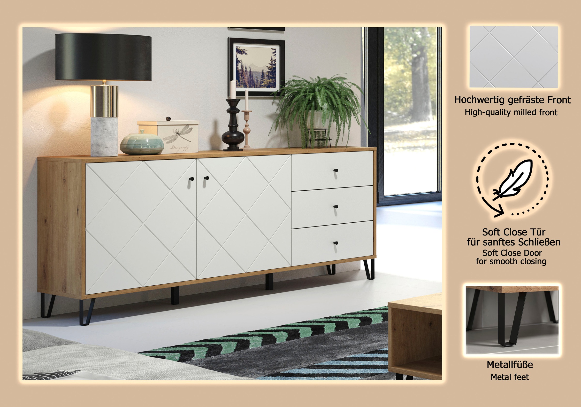 Places of Style Sideboard »Tarragona«, Sideboard, 2 Türen, 3 Schubkasten & Soft-Close - (B/T/H) 183/40/76 cm