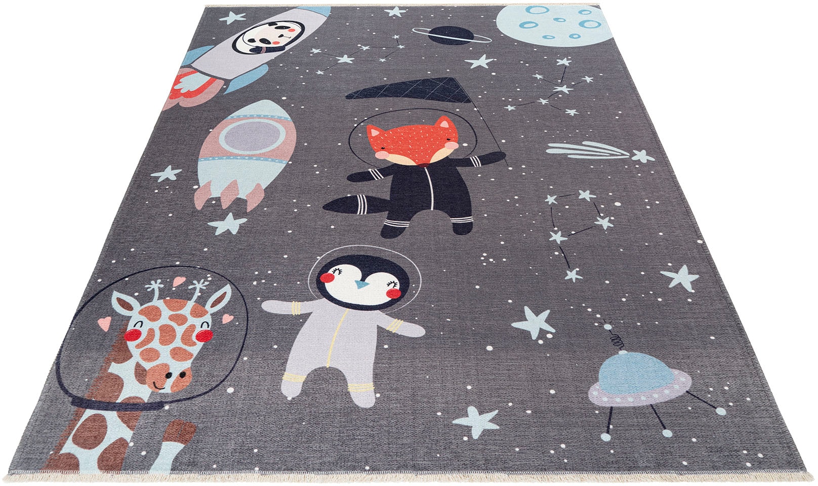 Image of Obsession Kinderteppich "My Greta 600" rechteckig 6 mm Höhe Kurzflor, Motiv Tiere im Weltraum, mit Fransen, Kinderzimmer