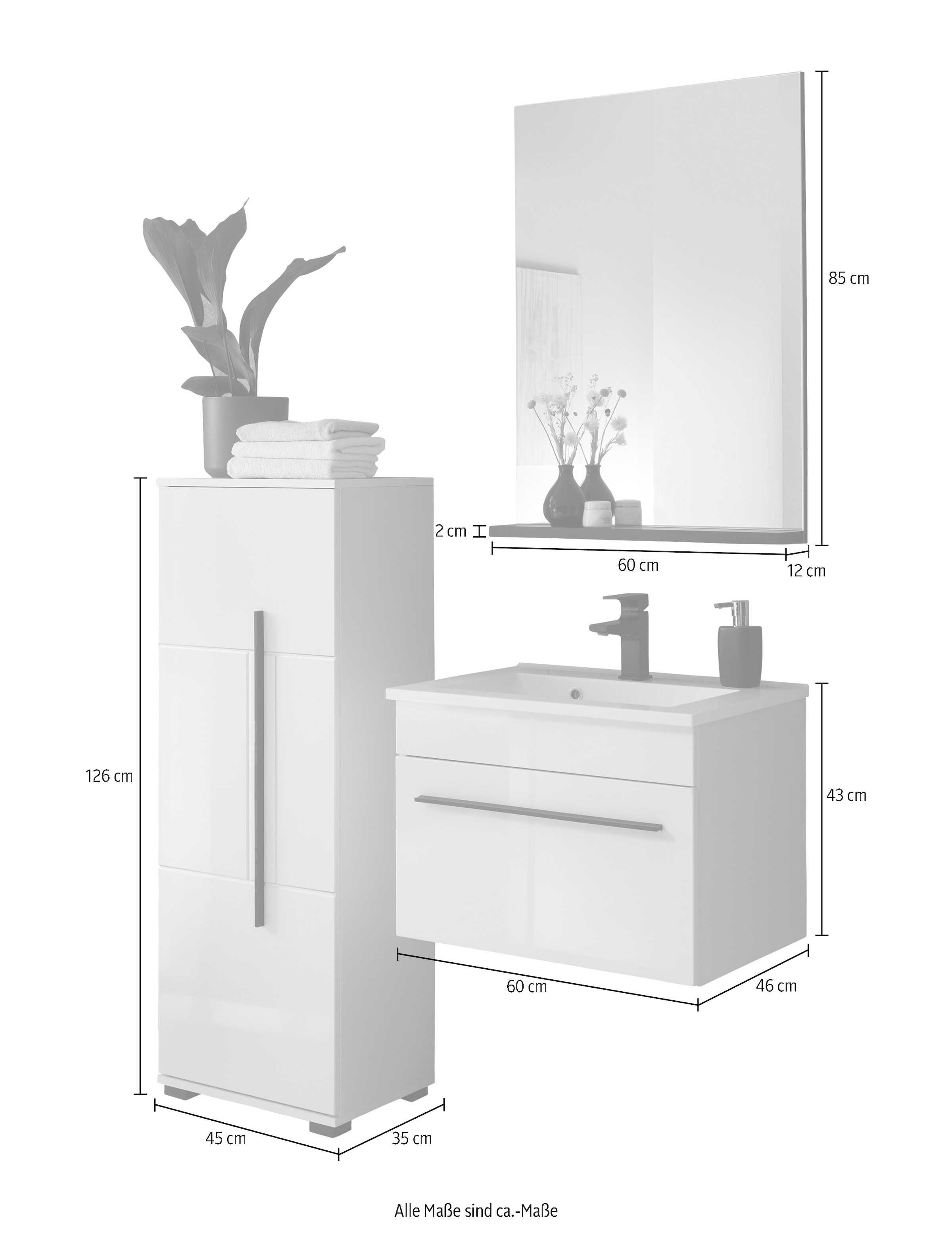 INOSIGN Badmöbel-Set »Cantara, Bad im modernen Design, 3-teiliges Badezimmer«, (Set, 3 St.), Waschtisch, Schrank und Spiegel, in Weiss Hochglanz, viel Stauraum