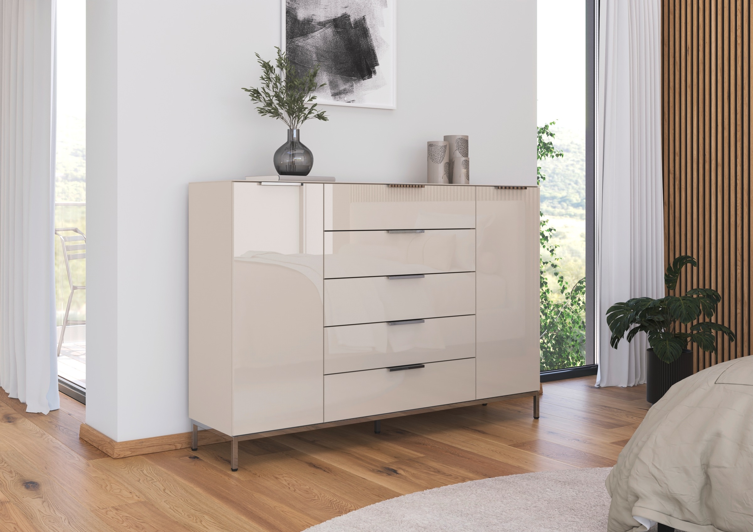 rauch Schubkastenkommode "Kommode Türkommode Sideboard Kombikommode FLIPP mit Glasfront" Breite 160/180 cm mit 4 Einlegeböden, 2-türig, 5 Schubladen, Soft-Close, Oberboden und Front Glas, 2 Breiten