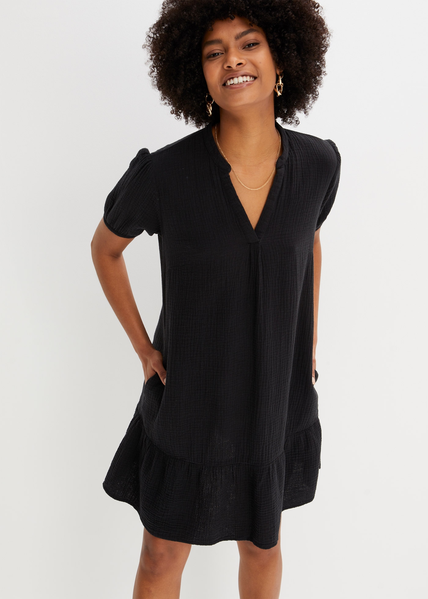 Image of bonprix Minikleid Seitennahttaschen aus Baumwoll-Musselin, Volant, kurze Puffärmel, bequeme A-Linie