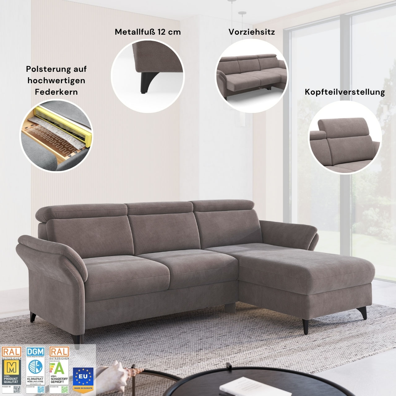 sit&more Wohnlandschaft »Glendale, U-Form« inkl. Kopfteilverstellung,wahlweise mit Vorziehsitz und Bettkasten