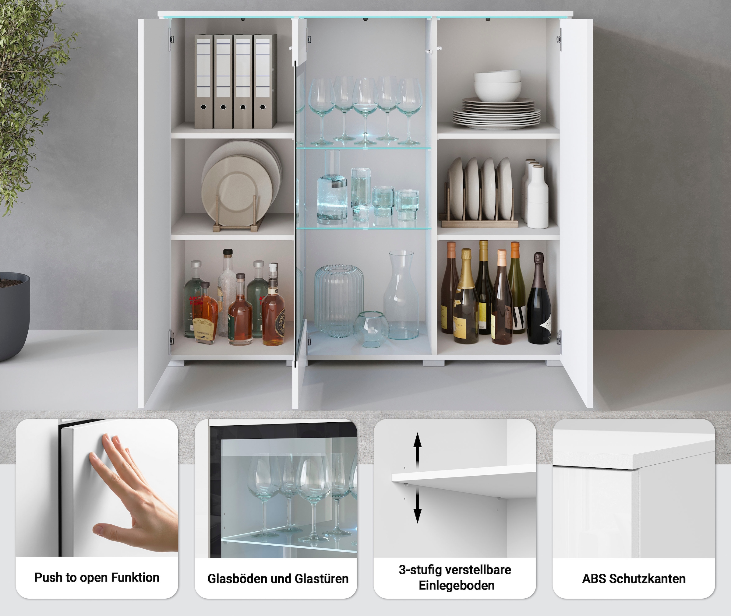Home affaire Buffet haut »Vera« buffet haut avec 4 portes, 9 compartiments, portes vitrées