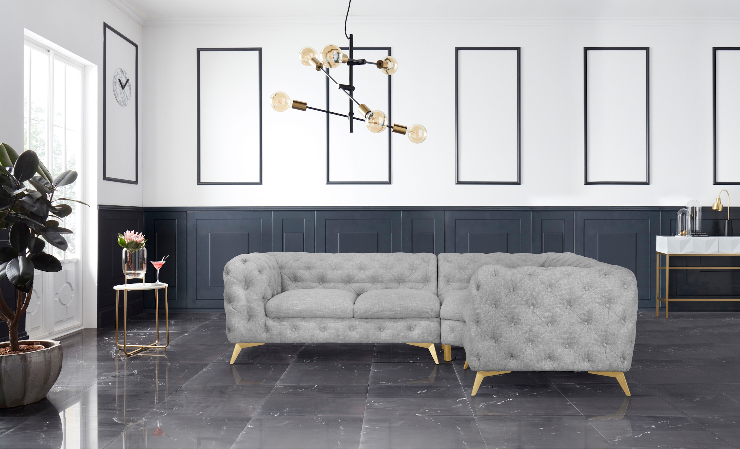 Leonique Chesterfield-Sofa »Ecksofa GLYNIS L-Form mit Wellenunterfederung, Masse B/T/H 264/204/75cm«, aufwändige Knopfheftung, moderne Chesterfield Optik, Fussfarbe wählbar