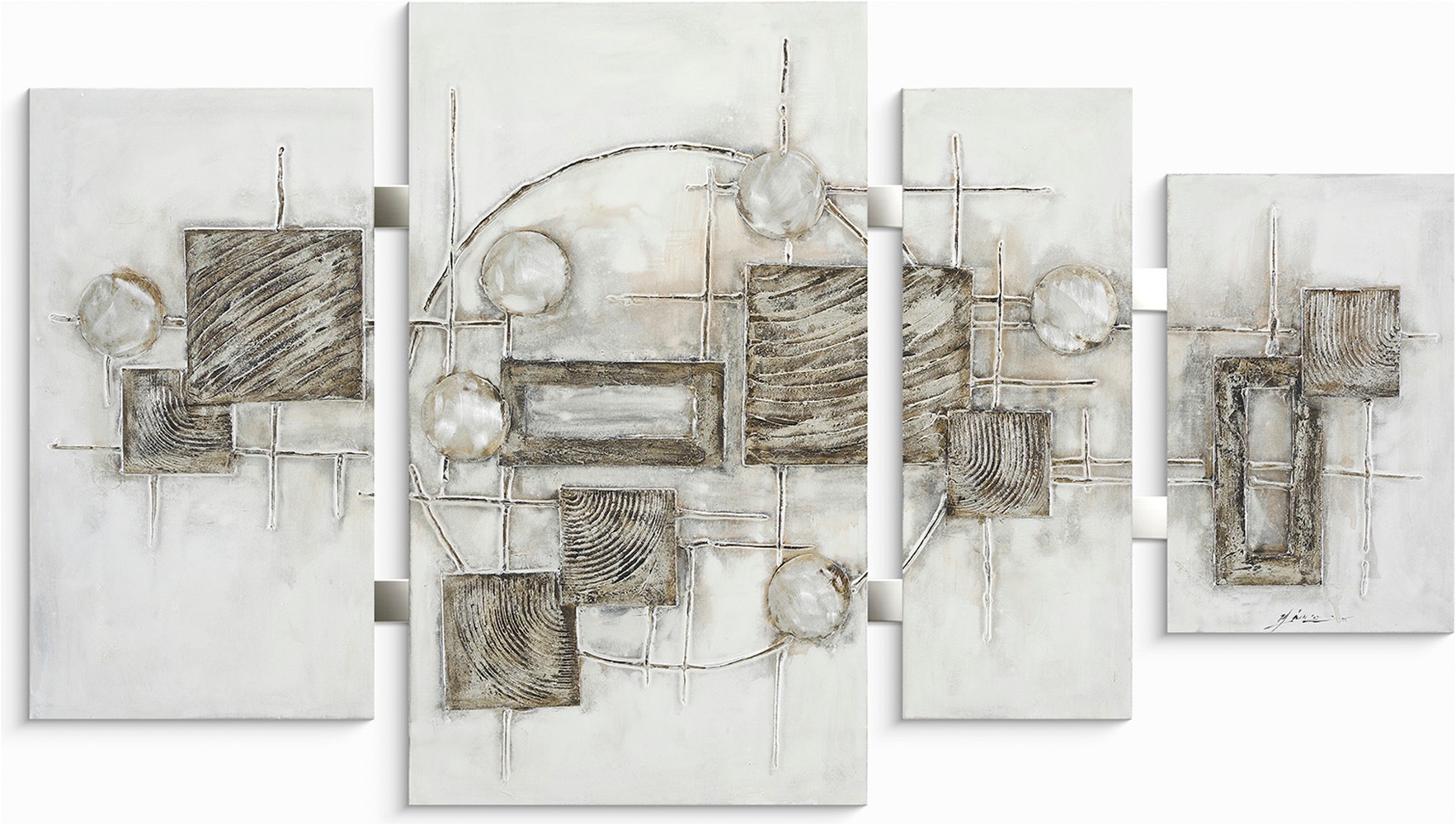 Image of Bönninghoff Ölgemälde "handarbeit 4-teilig QUADRATE ABSTRAKT 70x124 cm – Wandbild" Abstrakt Formen Muster handgefertigt, jedes Bild ein Unikat
