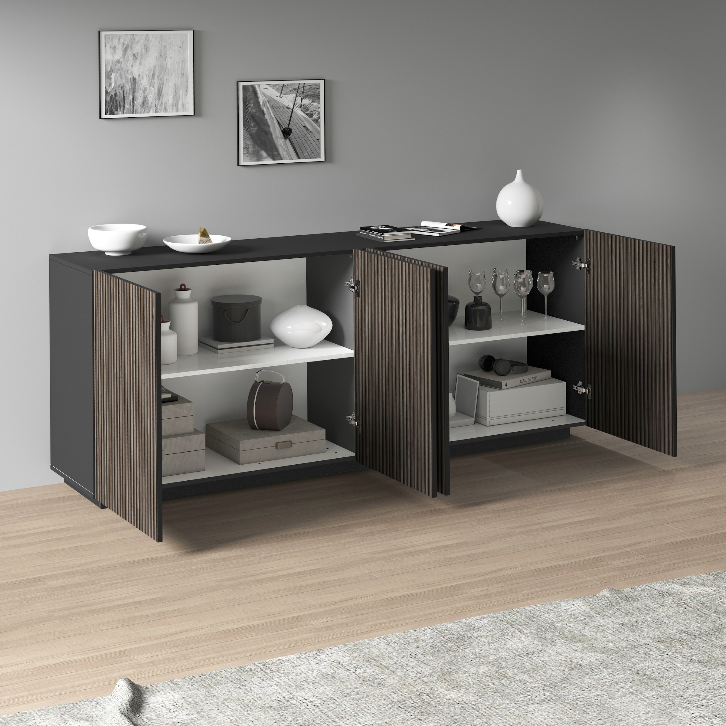 Home affaire Sideboard »Vega Sideboard,Kommode,200 cm« mit 4 Türen,Fronten mit  Rillen-Optik