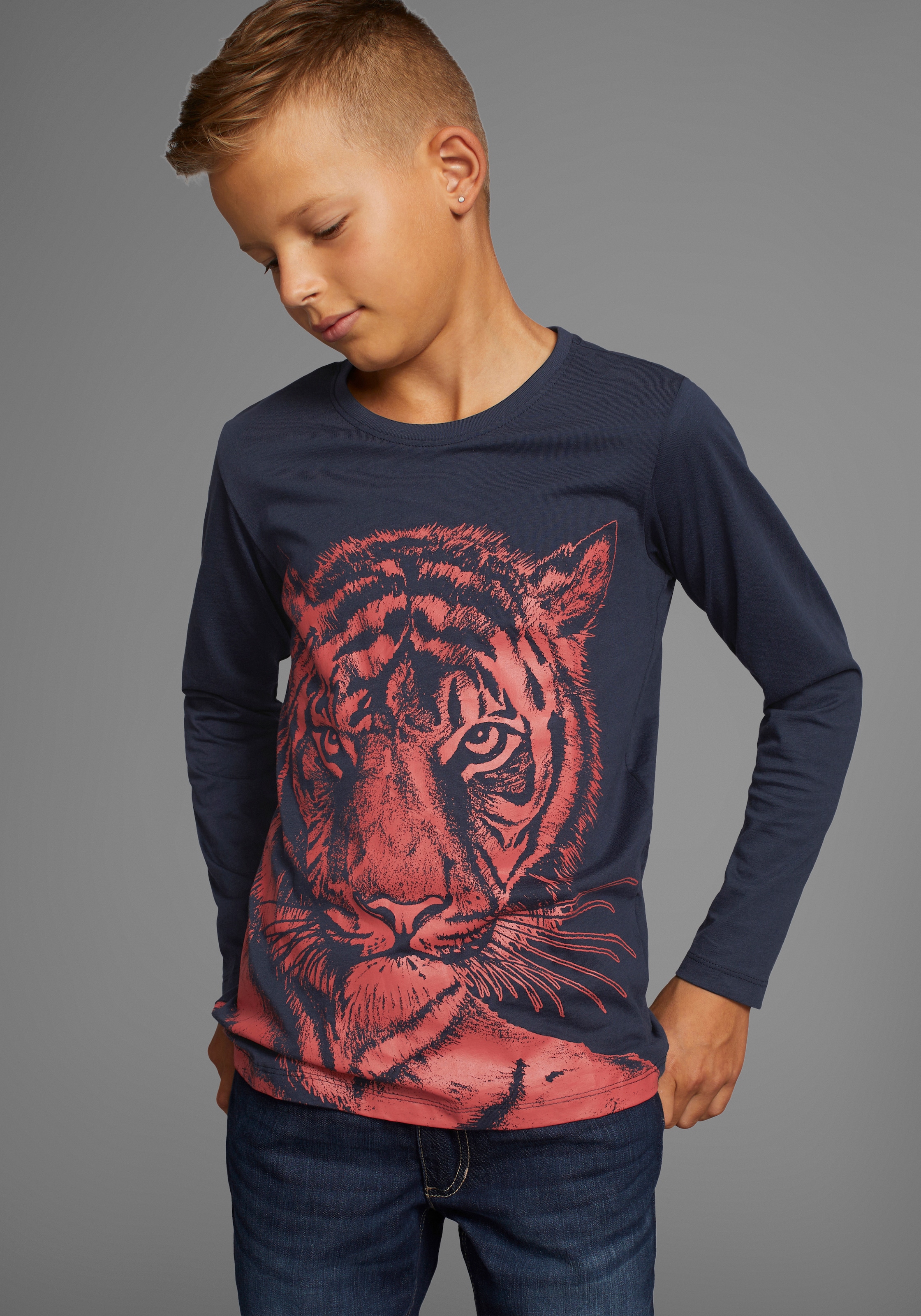 Image of KIDSWORLD Langarmshirt "TIGER - Druck" Langarm, Basic-Passform, mit trendigem Druck, Rundhalsausschnitt