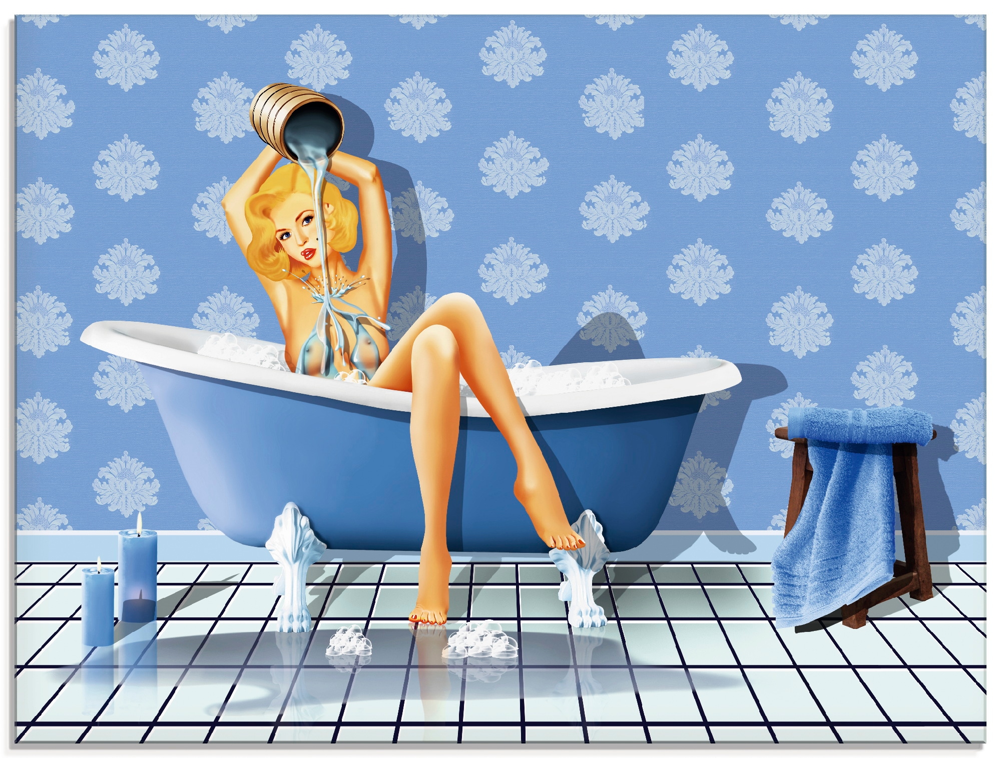 Glasbild »Das sexy blaue Badezimmer«, Frau, (1 St.), in verschiedenen Grössen