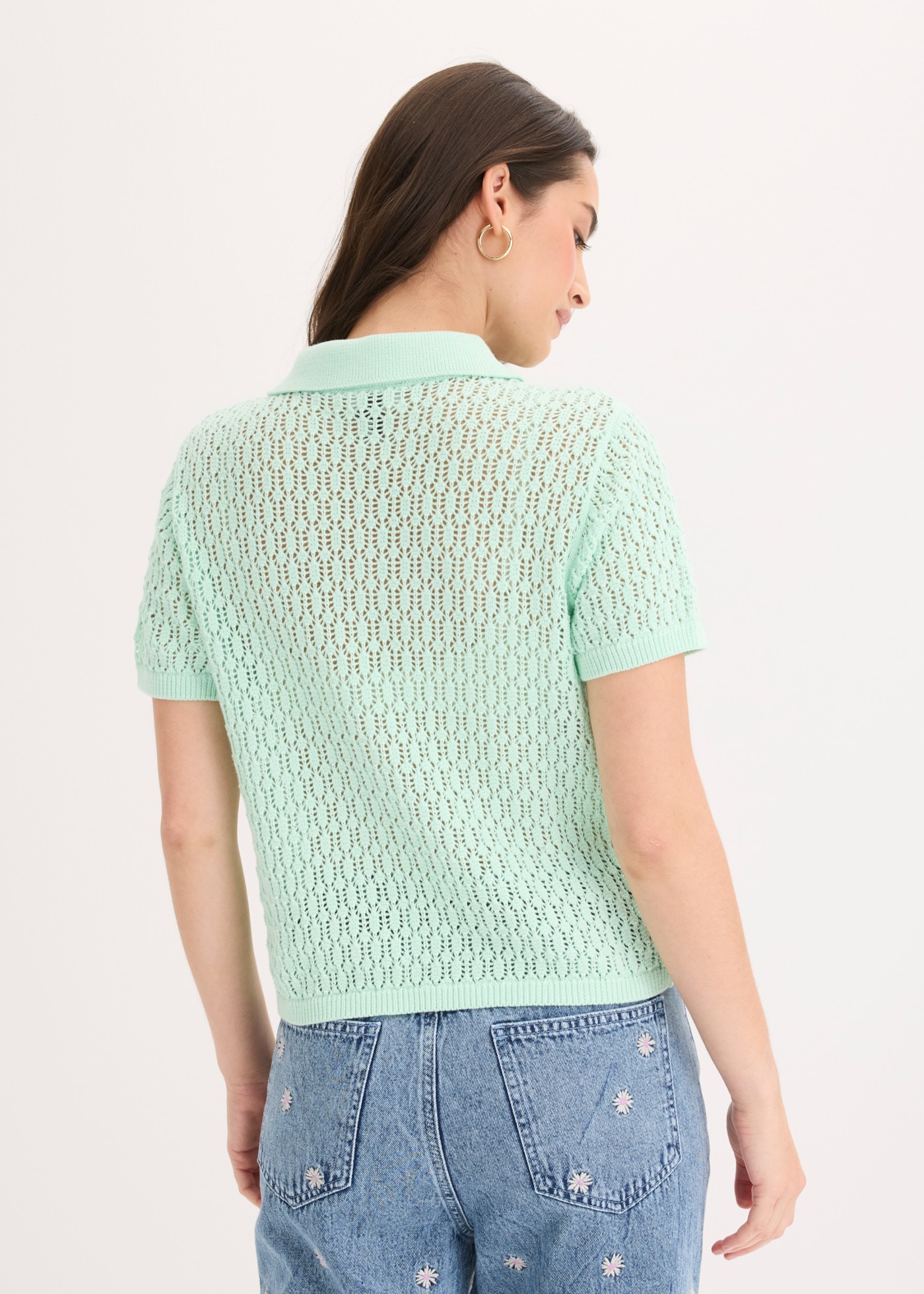 bonprix Pull en tricot en pur coton, coupe confortable, avec motif ajouré au tricot