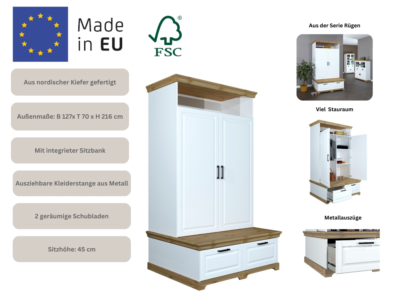 GOODproduct Kleiderschrank »Rügen Garderobenschrank, Drehtürenschrank, Schrank« FSC® zertifizierte massive Kiefer, Breite 127 cm, integrierte Bank