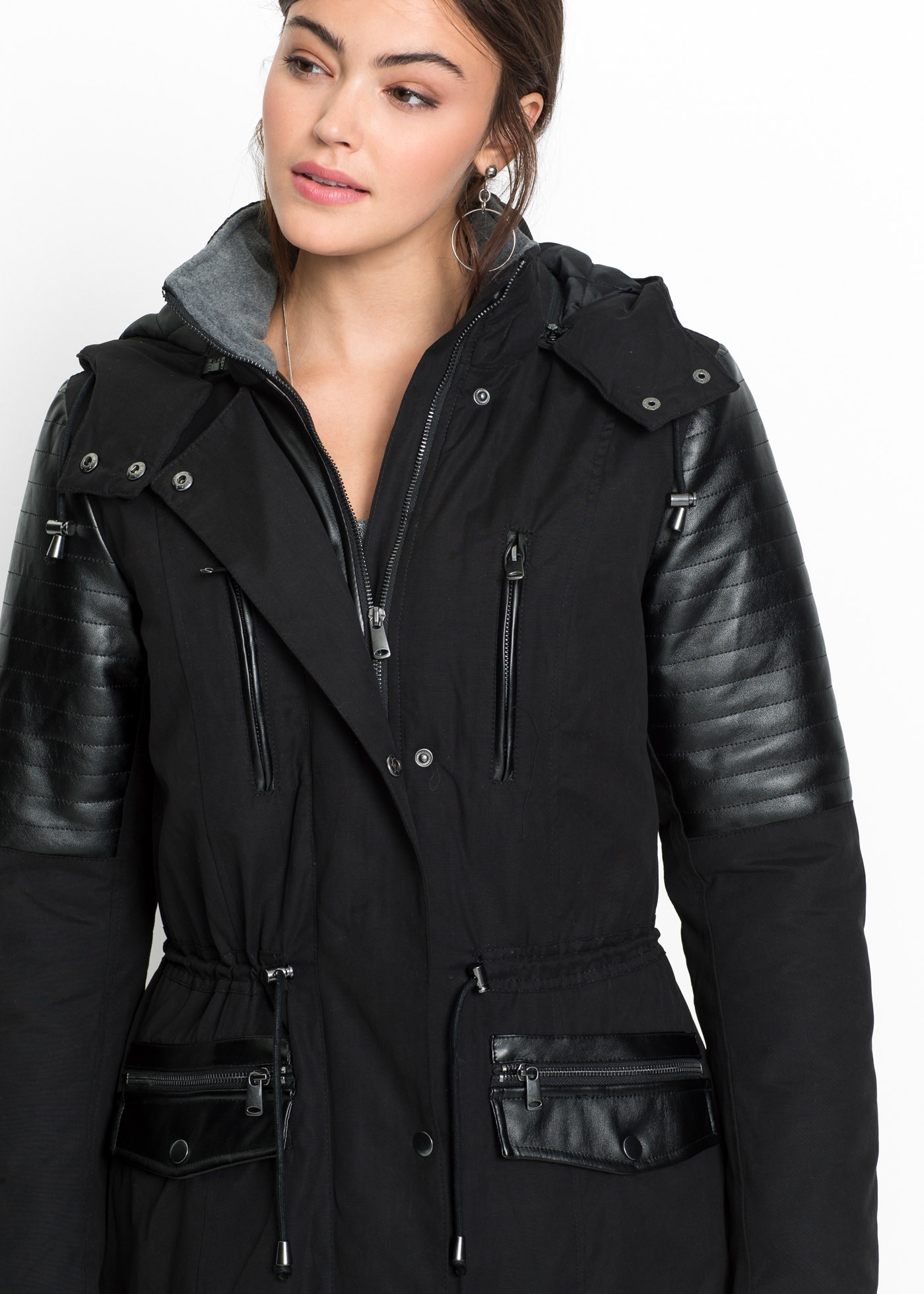 bonprix Langjacke mit Kapuze Long-Parka mit Lederimitateinsatz