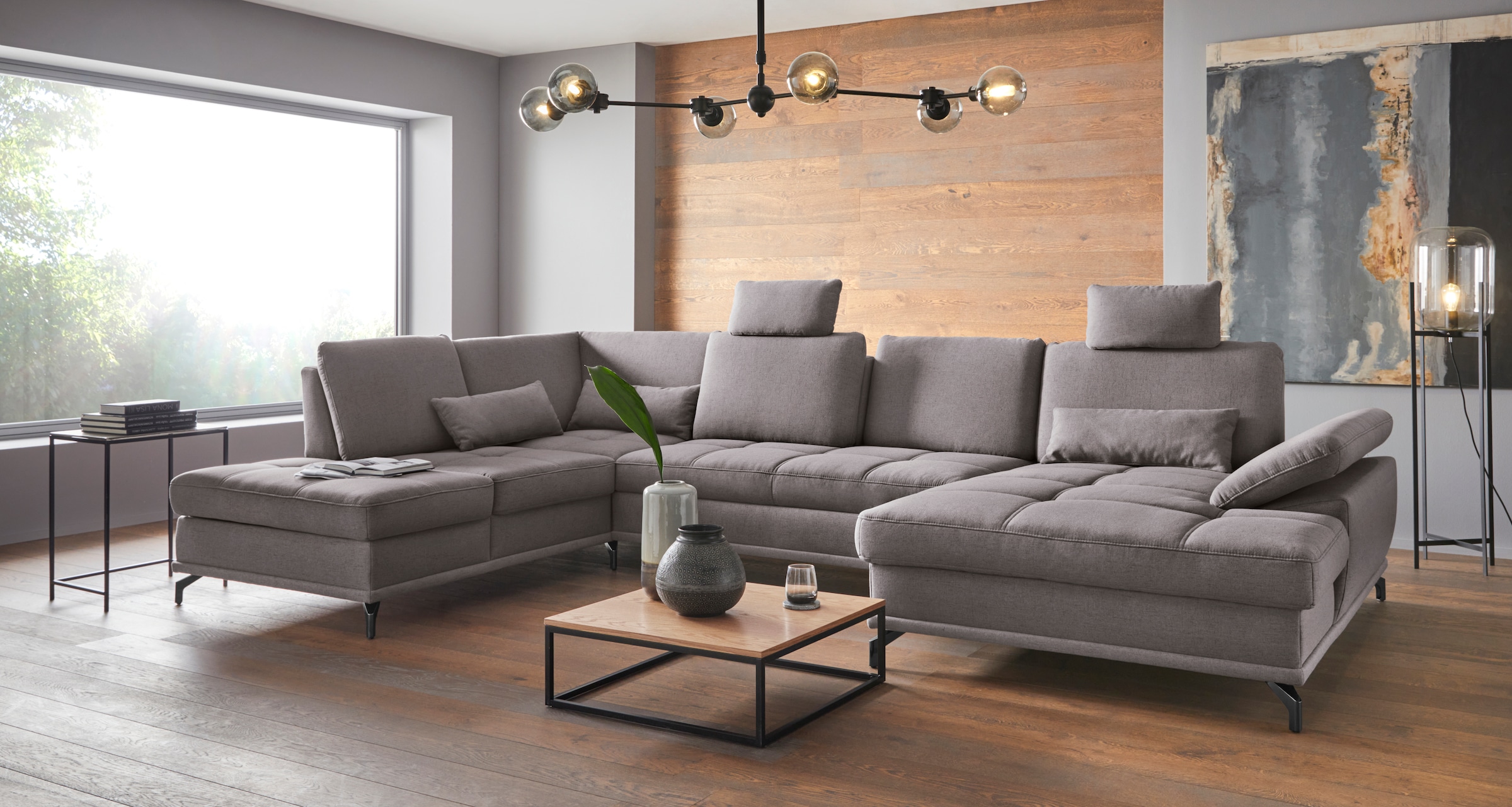 PLACES OF STYLE Wohnlandschaft »Costello U-Form, B: 363 cm mit Sitztiefen-, Armteilverstellung &« 3 Nierenkissen, optional Bettfunktion & Bettkasten