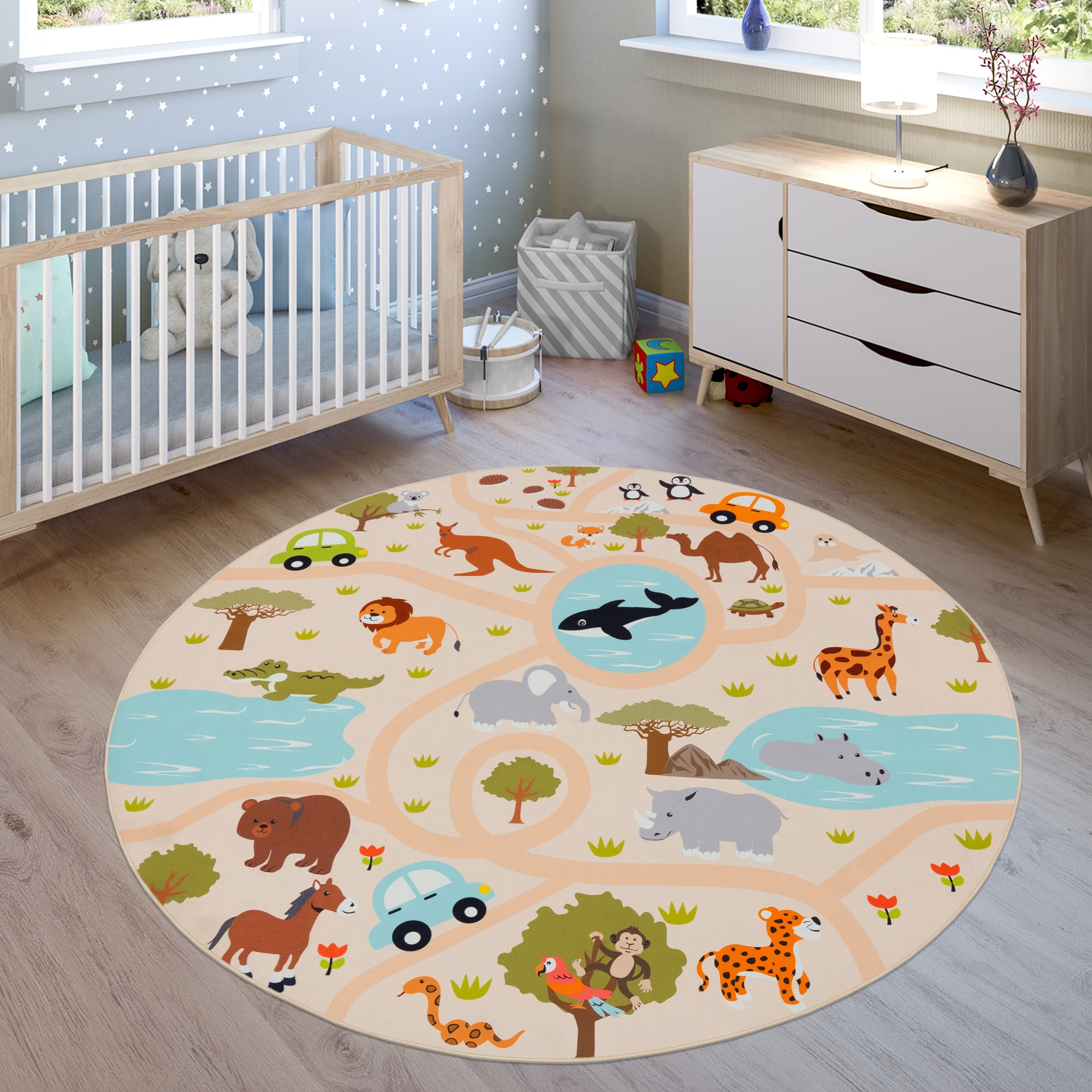 Image of Paco Home Kinderteppich "Bino 580" rund 4 mm Höhe Spielteppich, Motiv Strasse & Autos, Kinderzimmer
