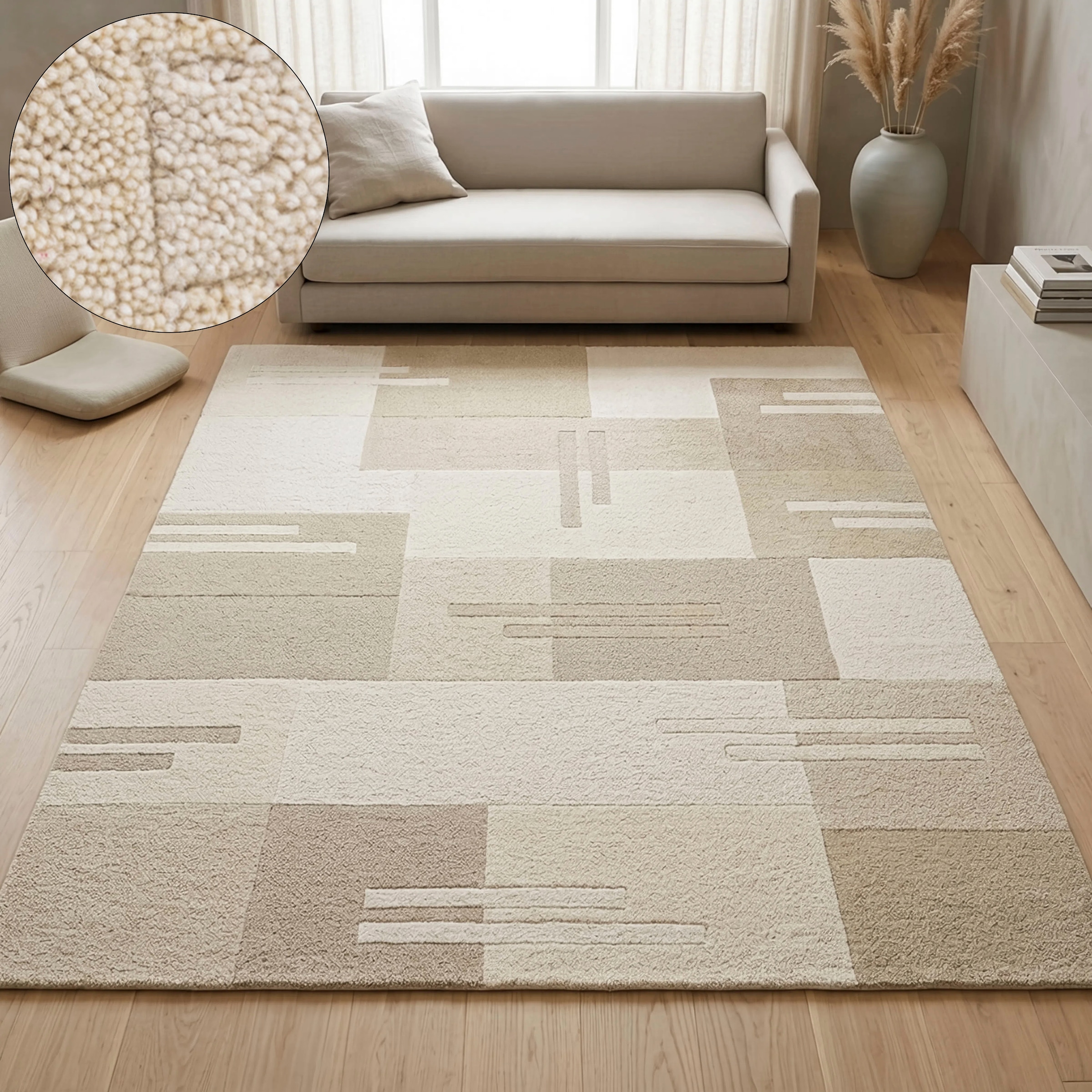 Image of THEKO Wollteppich "Gabbeh Kästchen, Patchwork Design, reine Wolle" rechteckig 14 mm Höhe Naturtöne, Wohnzimmer, Schlafzimmer, Esszimmer