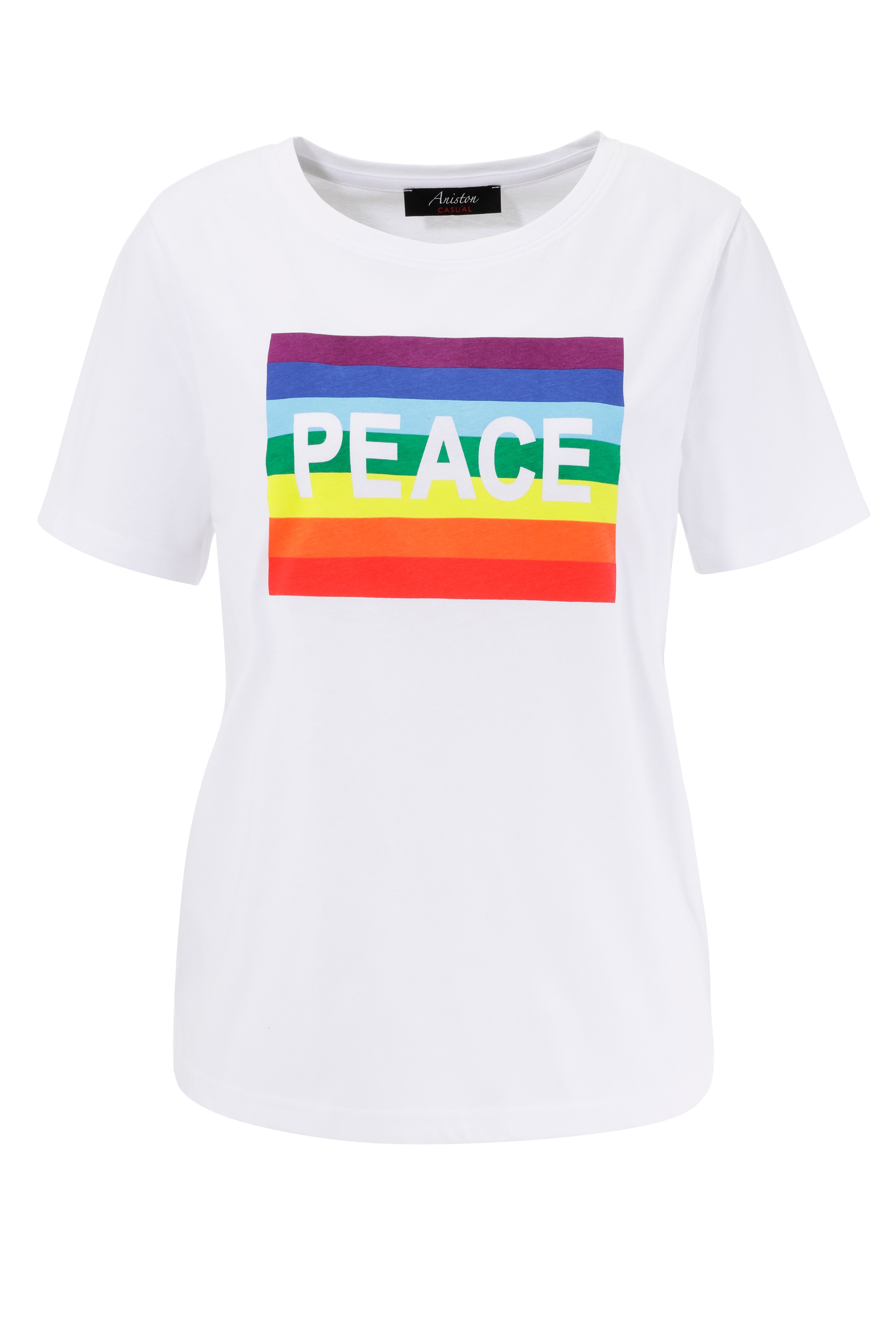 CASUAL versandkostenfrei kaufen ♕ mit Regenbogen Frontdruck T-Shirt, PEACE-Schriftzug und Aniston