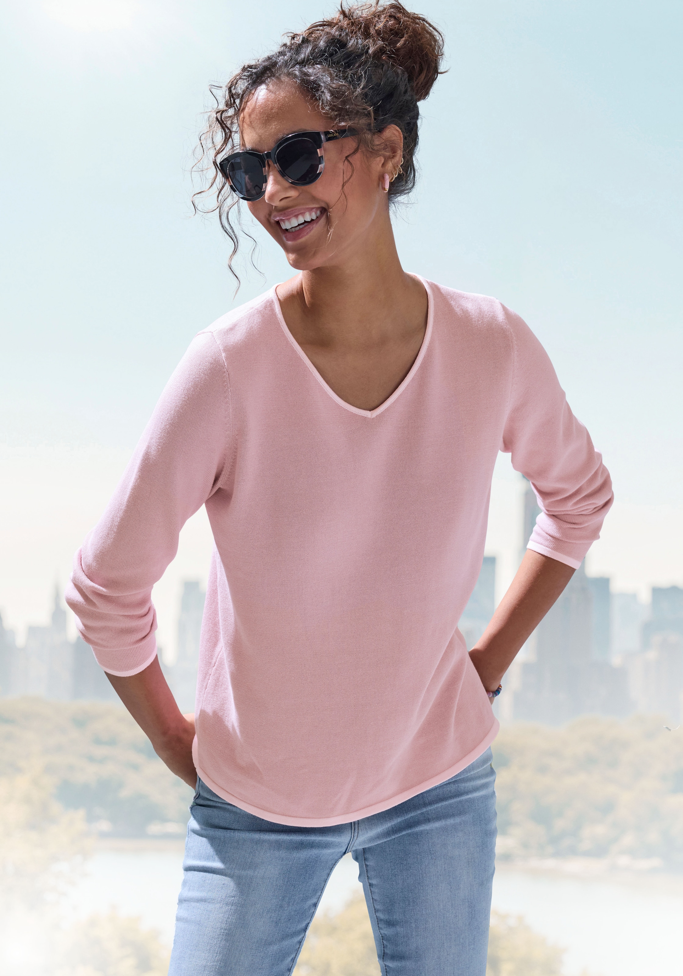 Image of Vivance V-Ausschnitt-Pullover mit Kontrastkanten, casual