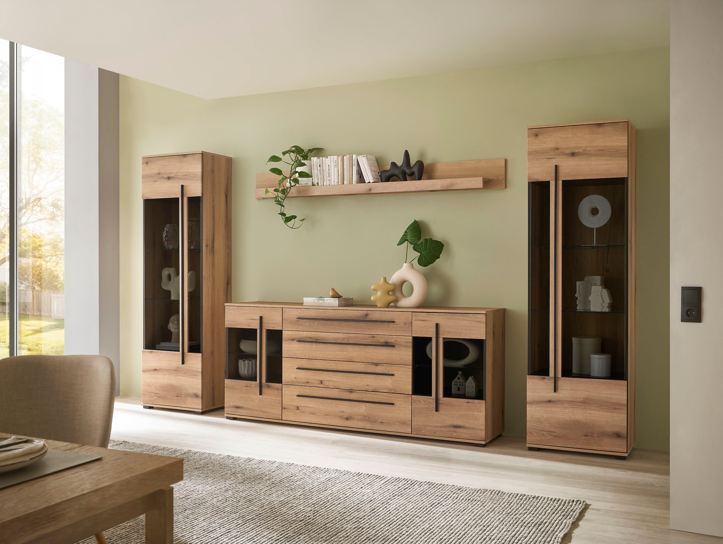 INOSIGN Wohnwand »Cantara, moderne Anbauwand, Wohnzimmer-Set, in Eiche Evoke oder Weiss«, (Set), enthält zwei Vitrinen, ein Sideboard und ein Wandboard