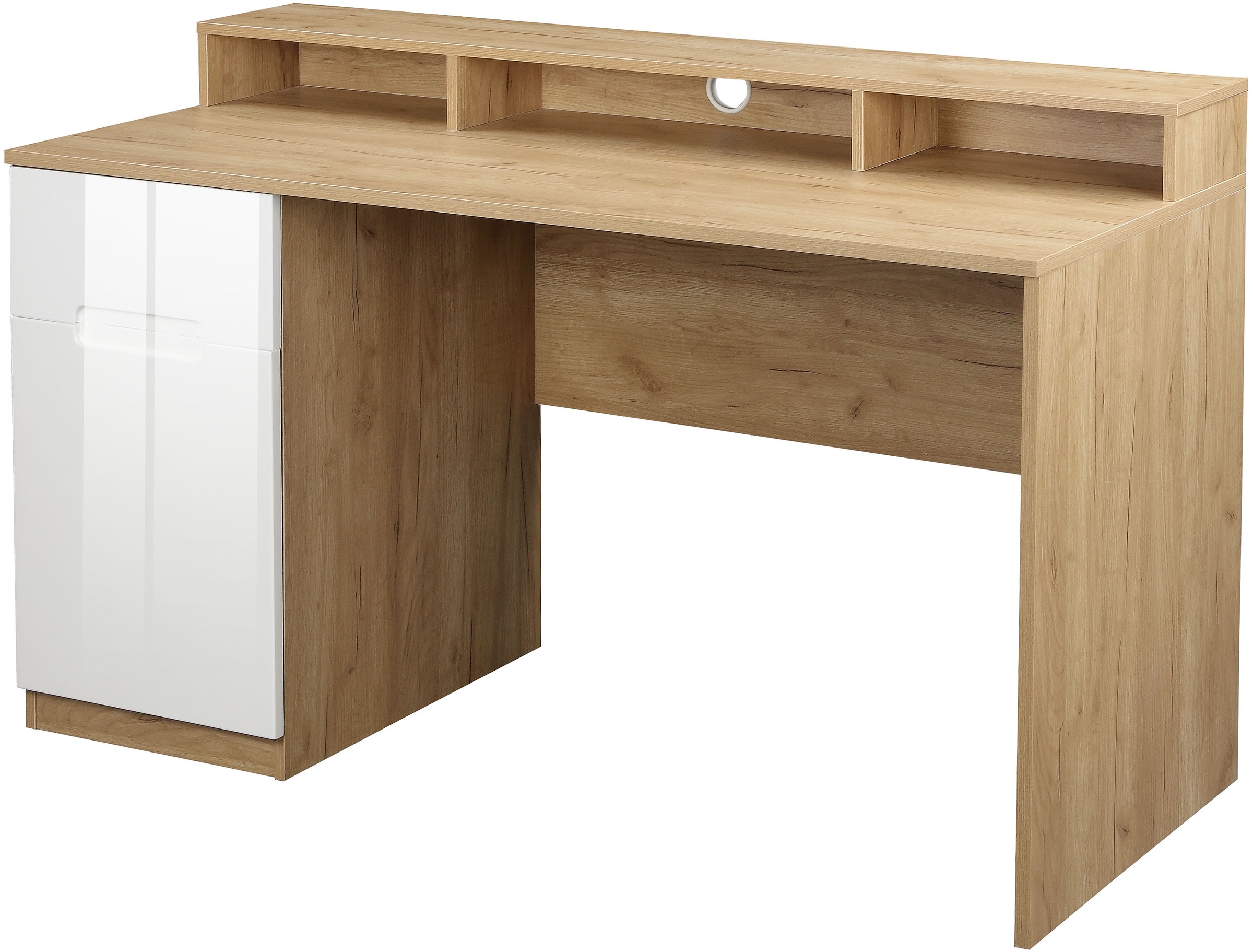Image of GOODproduct Schreibtisch "Lund" Computertisch mit Kabeldurchlass & Schublade, Monitoraufsatz, Hochglanzfronten, Breite 140 cm