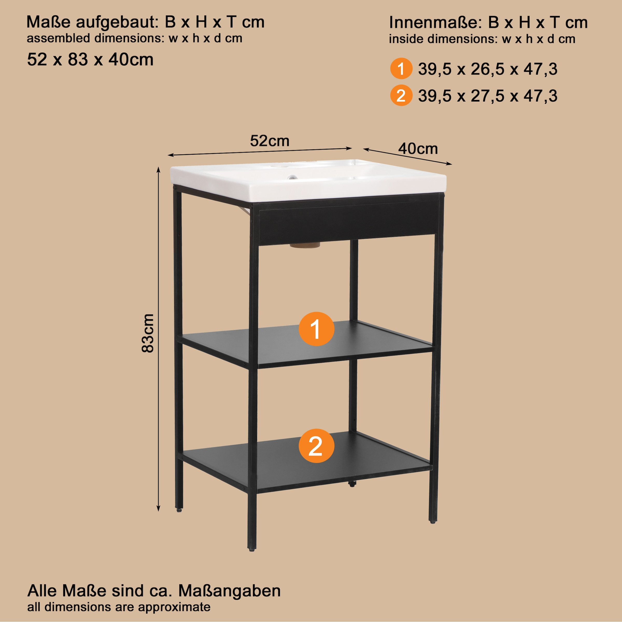 welltime Waschbeckenunterschrank »Lodi« 2 Stk. tlg. Waschbeckenregal mit Metallrahmen - (B/T/H) 52 / 40 / 83 cm