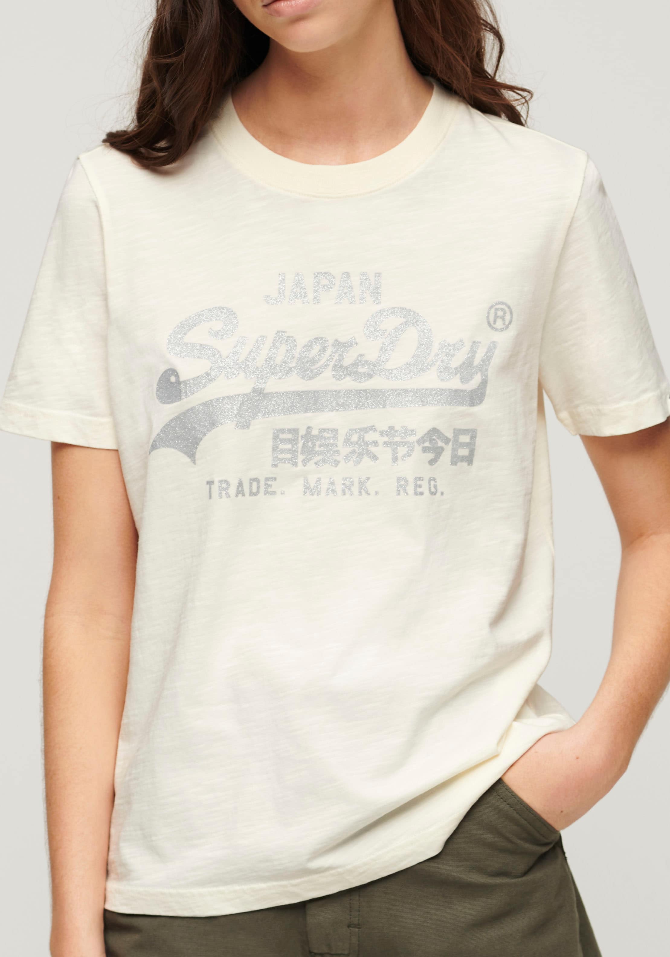 Superdry T-Shirt »METALLIC VL RELAXED T SHIRT«, Print-Shirt mit glitzerndem Logo-Druck