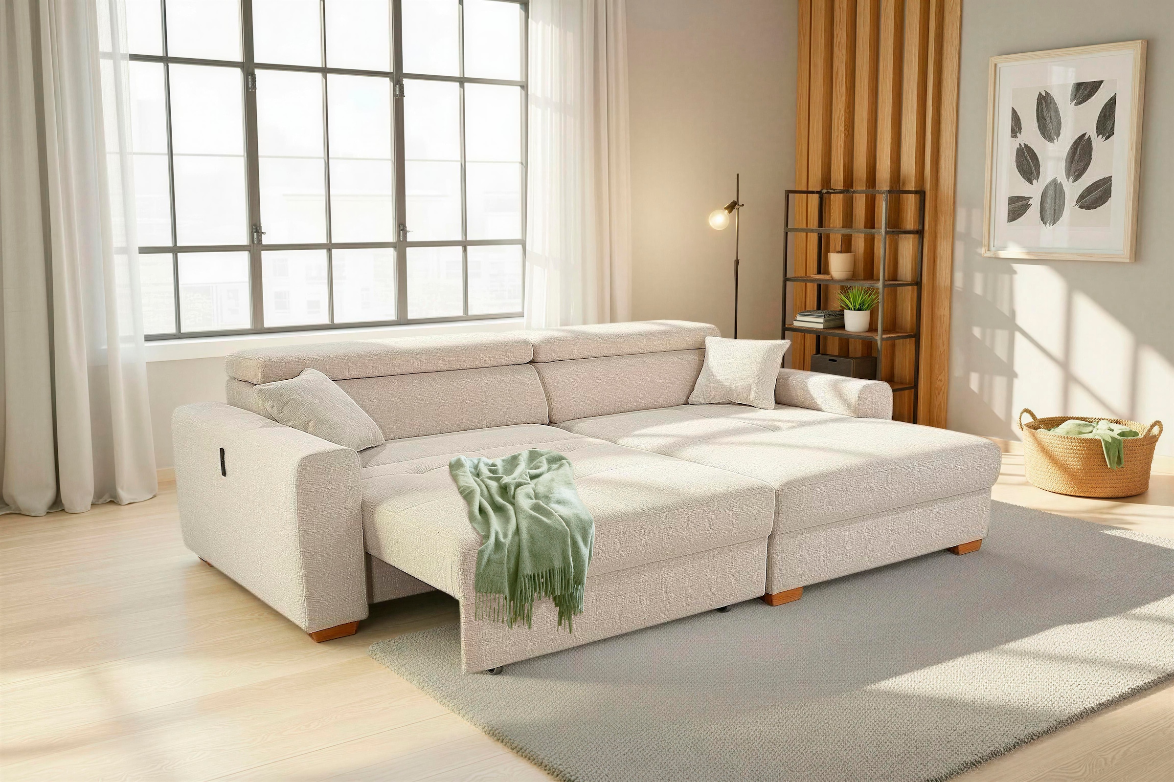 Jockenhöfer Gruppe Canapé d'angle »Slider L-Form, B: 277 cm, mit 60 cm elektr. Sitztiefenverstellung« capacité 140kg, connexion USB, réglage de la tête & coussin décoratif