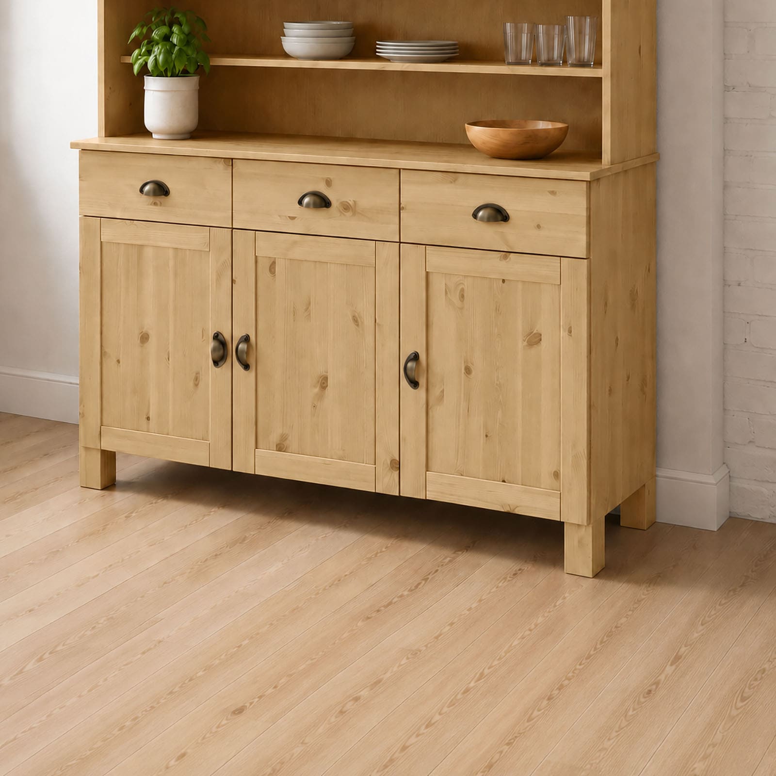 Home affaire Buffet de cuisine »Oslo« 125 cm de large, en pin massif, avec 2 portes vitrées, poignées en métal