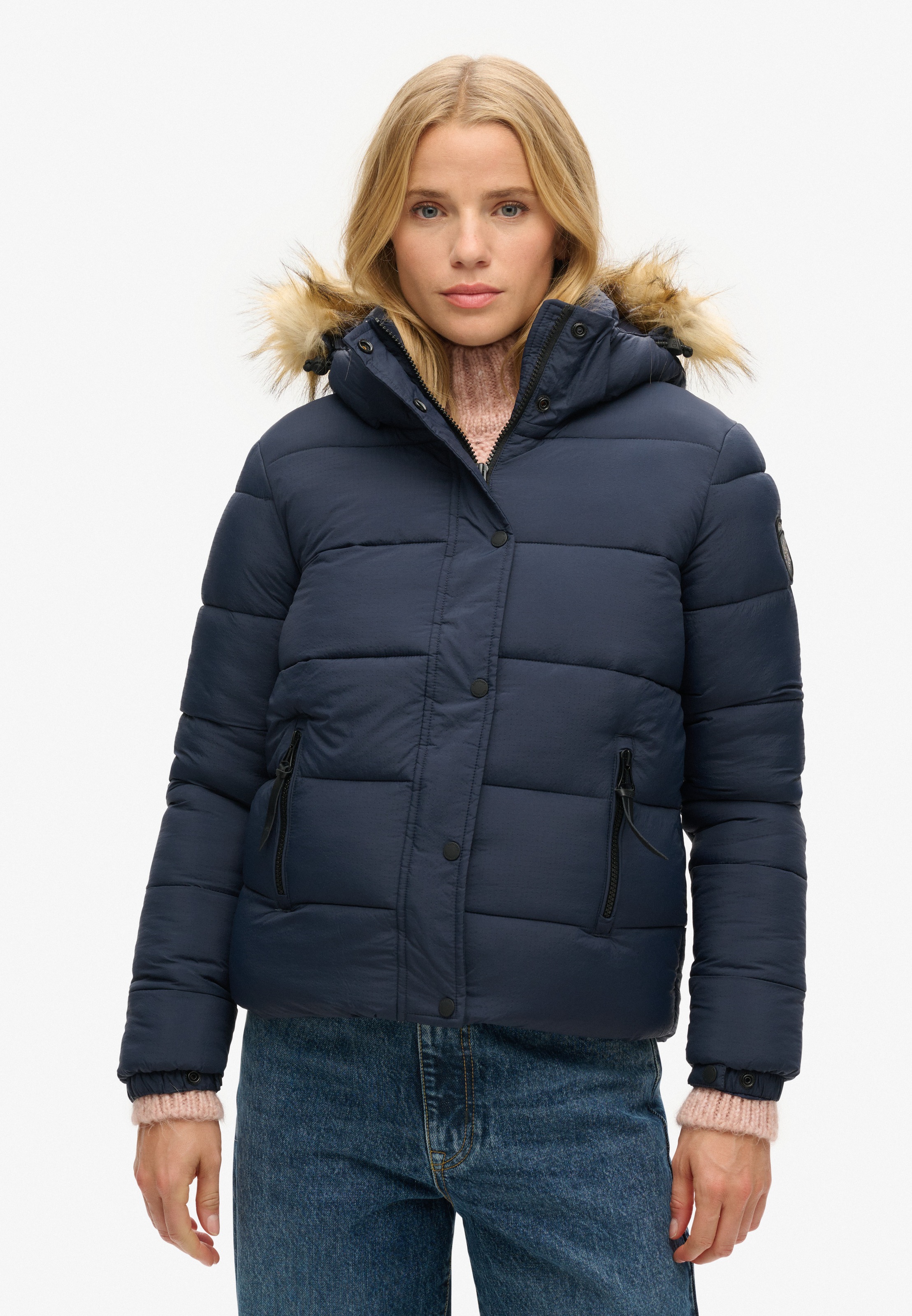 Image of Superdry Steppjacke "FAUX FUR SHORT HOOD PUFFER" mit Kapuze