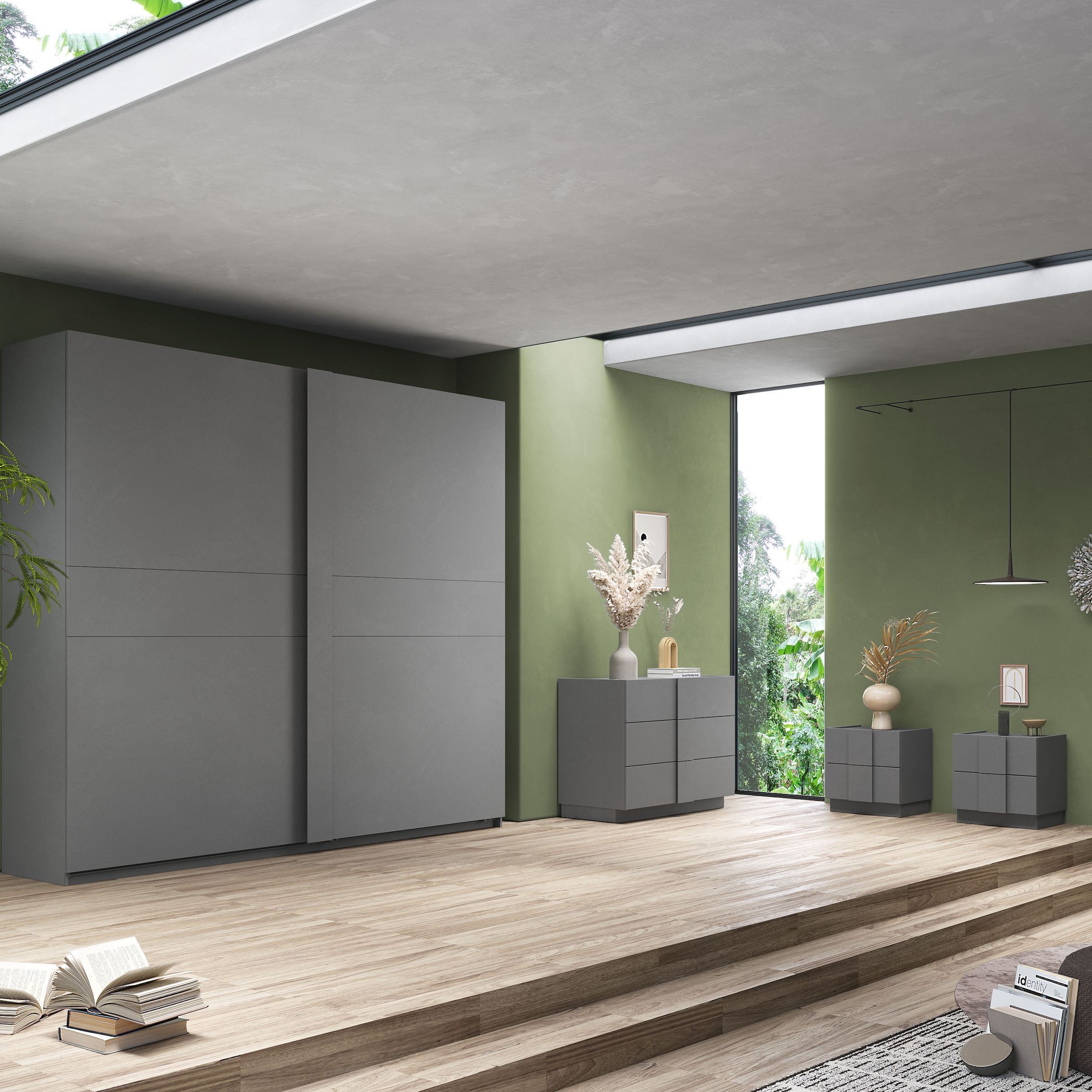 INOSIGN Nachtschrank »Jupiter, Nachtkommode (2-St), Nachttisch, Nachtkonsole, 2 Schubladen« Spar-Set, 2 Stk. tlg. B/T/H 50/42/52 cm, moderne Griffblende, trendiges Steingrau, kompakt