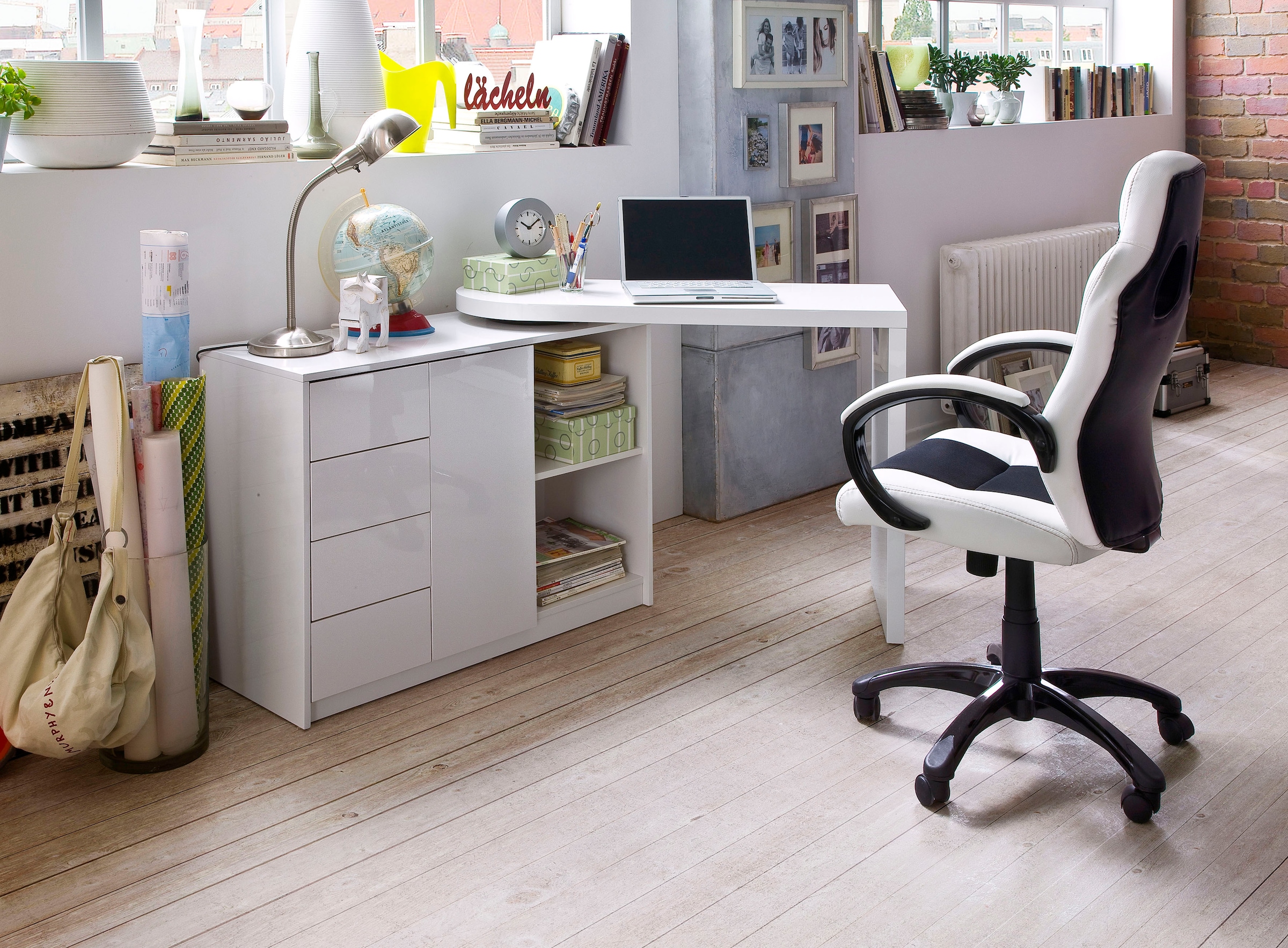 MCA furniture Schreibtisch »Matt«, Weiss Hochglanz mit Regalschrank, Tischplatte Schwenkbar