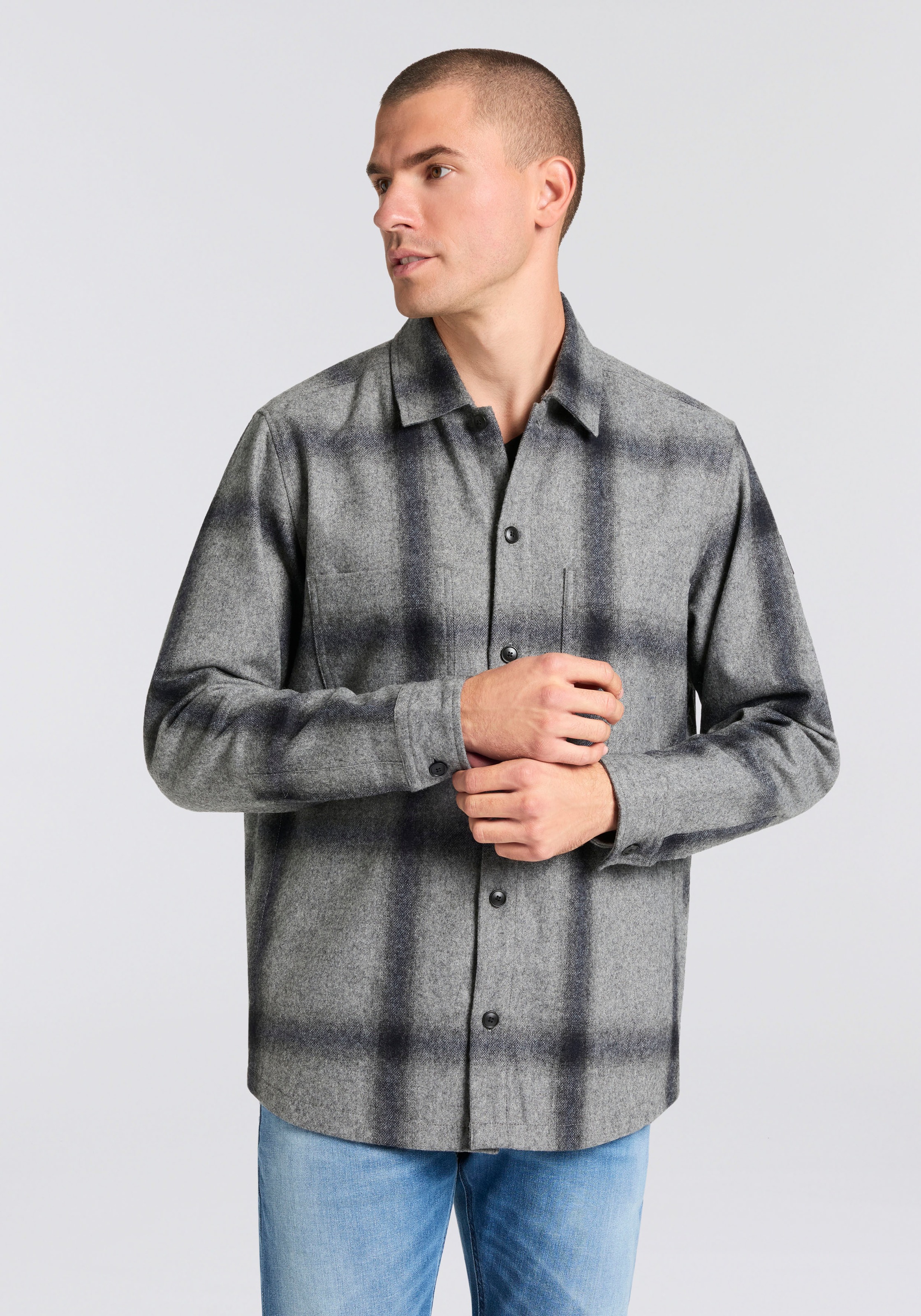 Image of BOSS ORANGE Langarmhemd "Locky" melierte Wollmischung, Karo-Design, oversize fit
