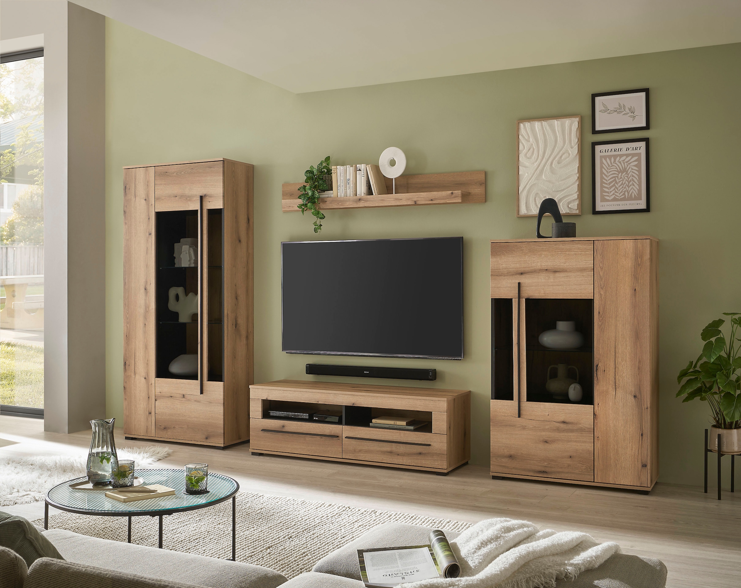 INOSIGN Wohnwand »Cantara, moderne Anbauwand, Wohnzimmer-Set, in Eiche Evoke oder Weiss«, (Set), enthält zwei Vitrinen, ein Lowboard und ein Wandboard