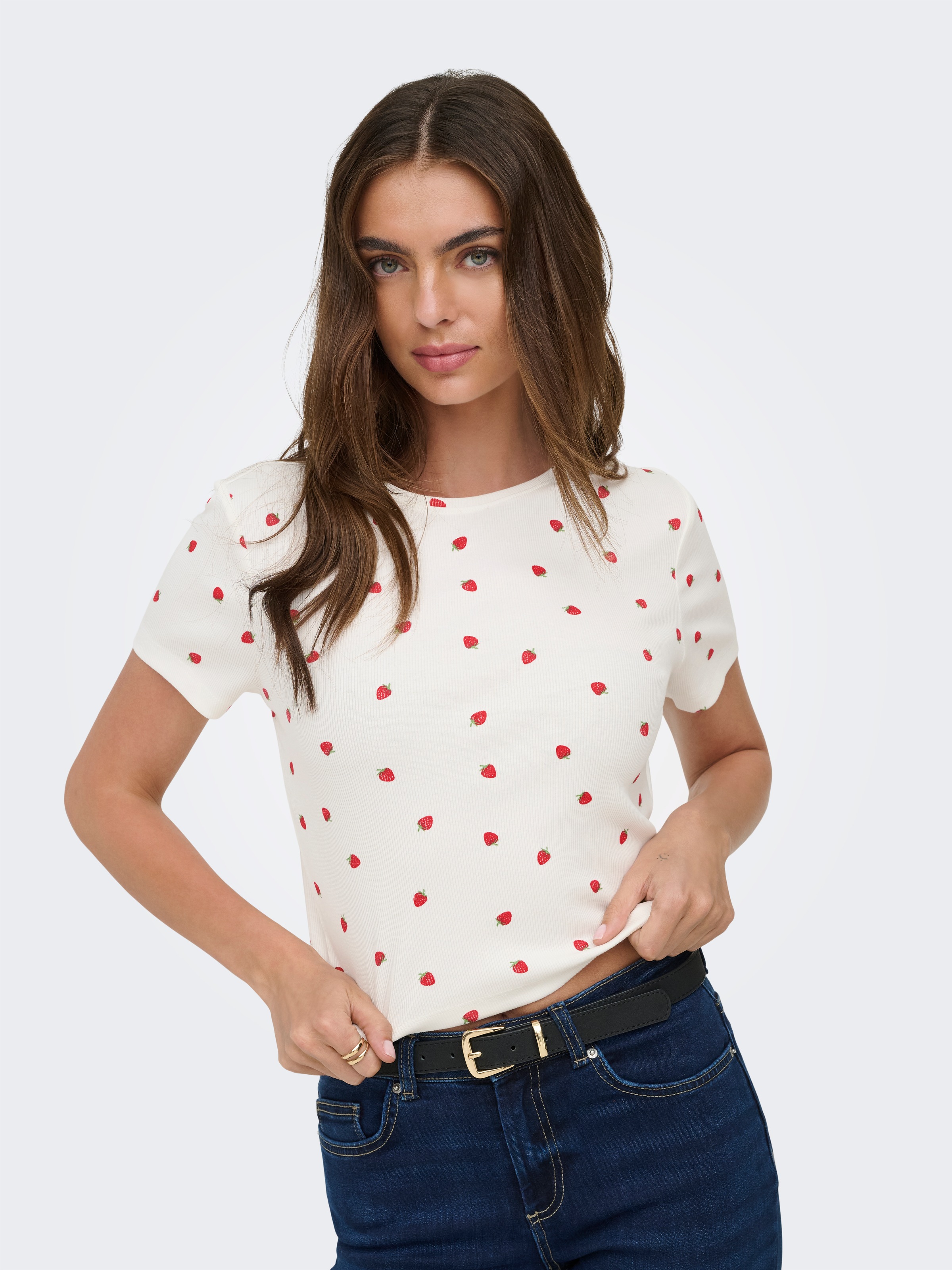Image of ONLY Kurzarmshirt "ONLFENJA LIFE SS AOP TOP JRS NOOS" Baumwollmischung, Cropped Fit, Rundhals