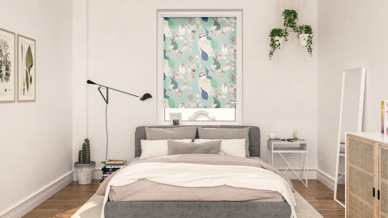 Image of LICHTBLICK ORIGINAL Seitenzugrollo "Rollo Klemmfix, ohne Bohren, blickdicht, Sloths on turquoise - Grün" blickdicht Blendschutz Sichtschutz freihängend