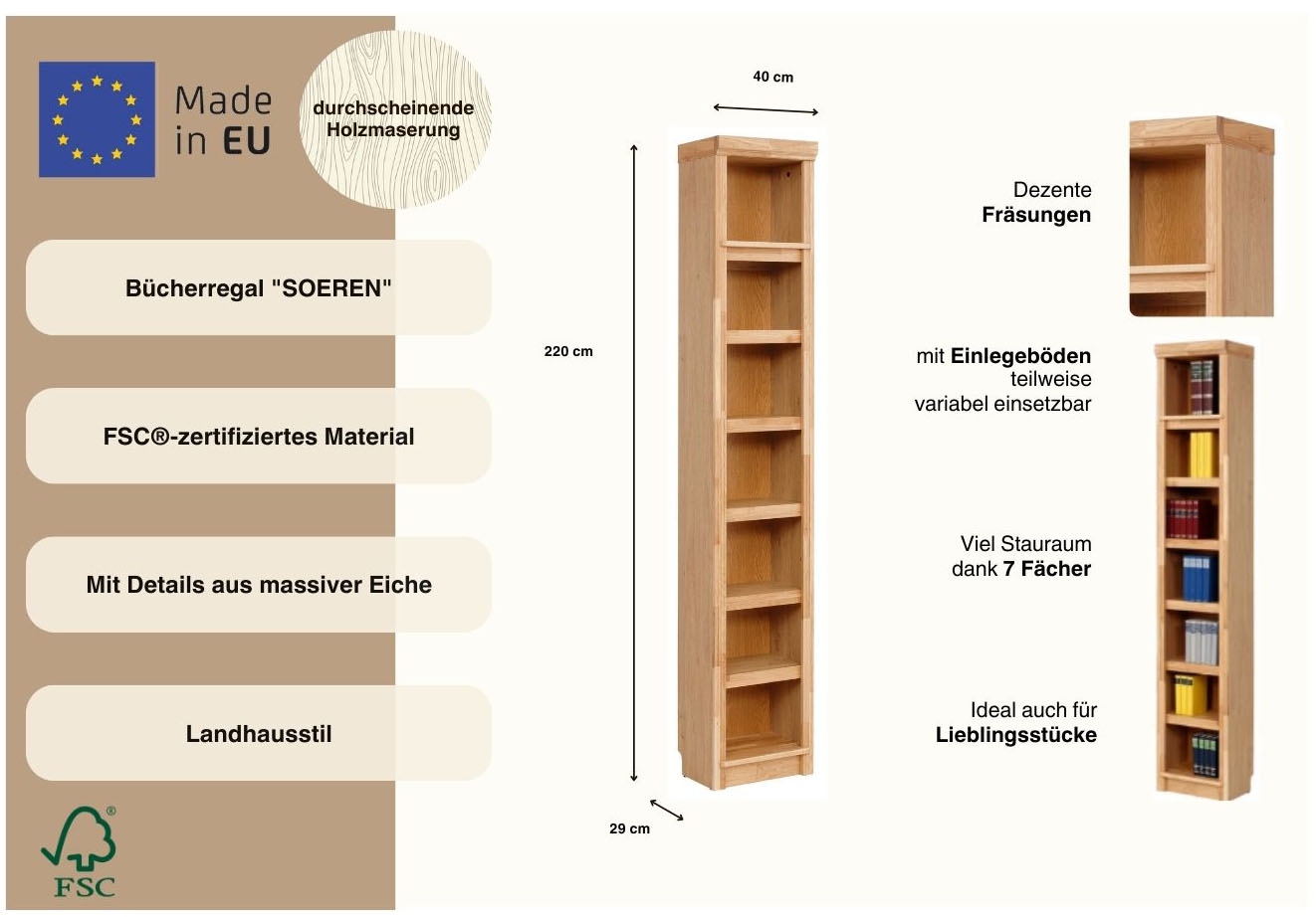 GOODproduct Étagère à livres »Soeren Eiche Regal B/T/H: 40/29/220 cm« aus teilmassiver Eiche,  FSC®-zertifiziert