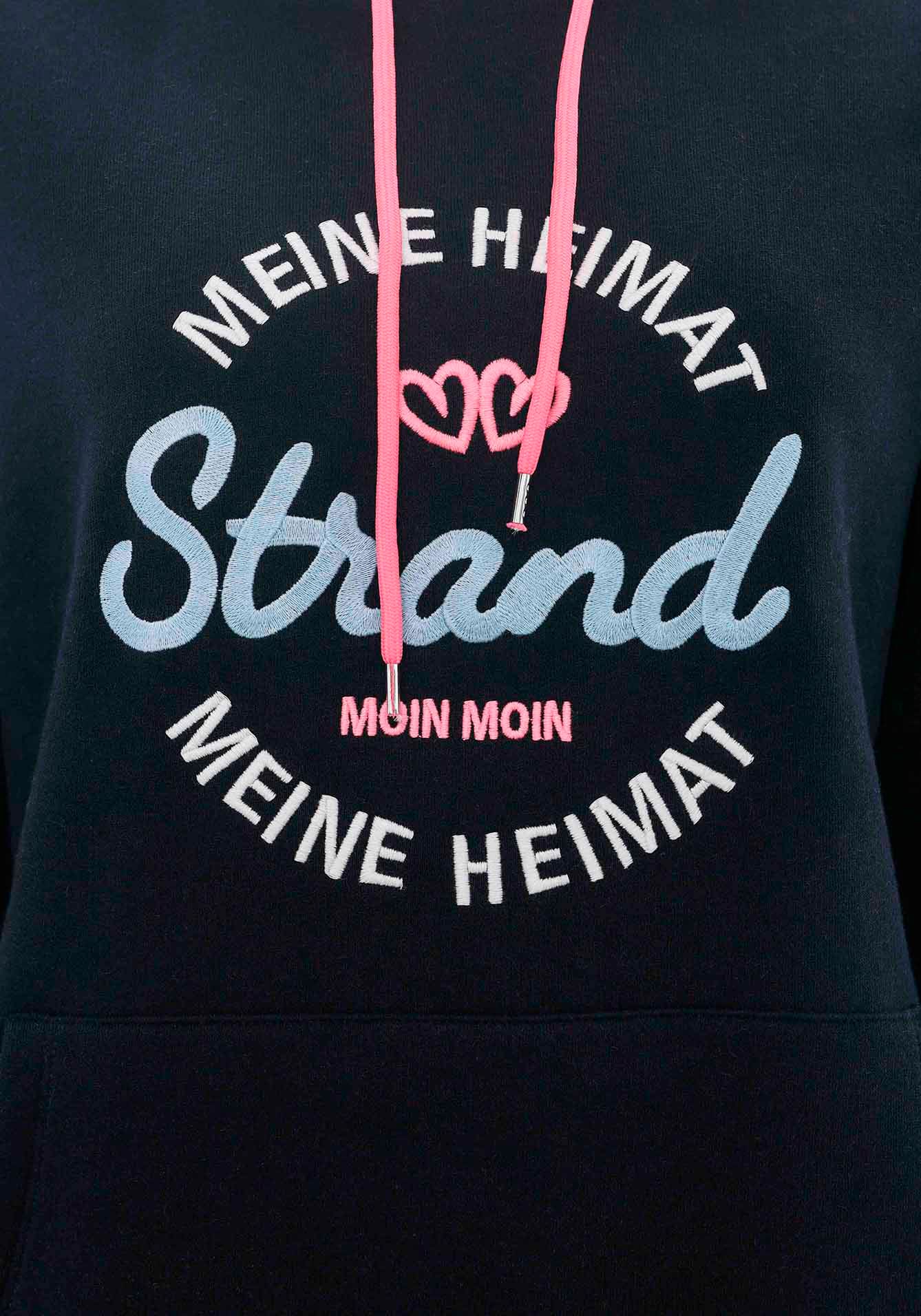 Zwillingsherz Sweatshirt, mit neonfarbenen Kordeln und aufgesticktem "Strand"-Schriftzug